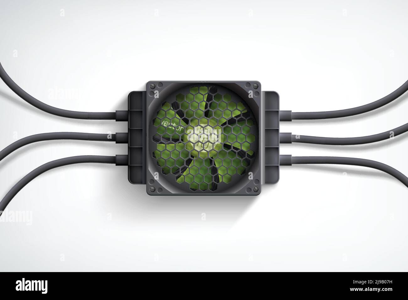 Realistic computer cooler with green fan and black wires design concept