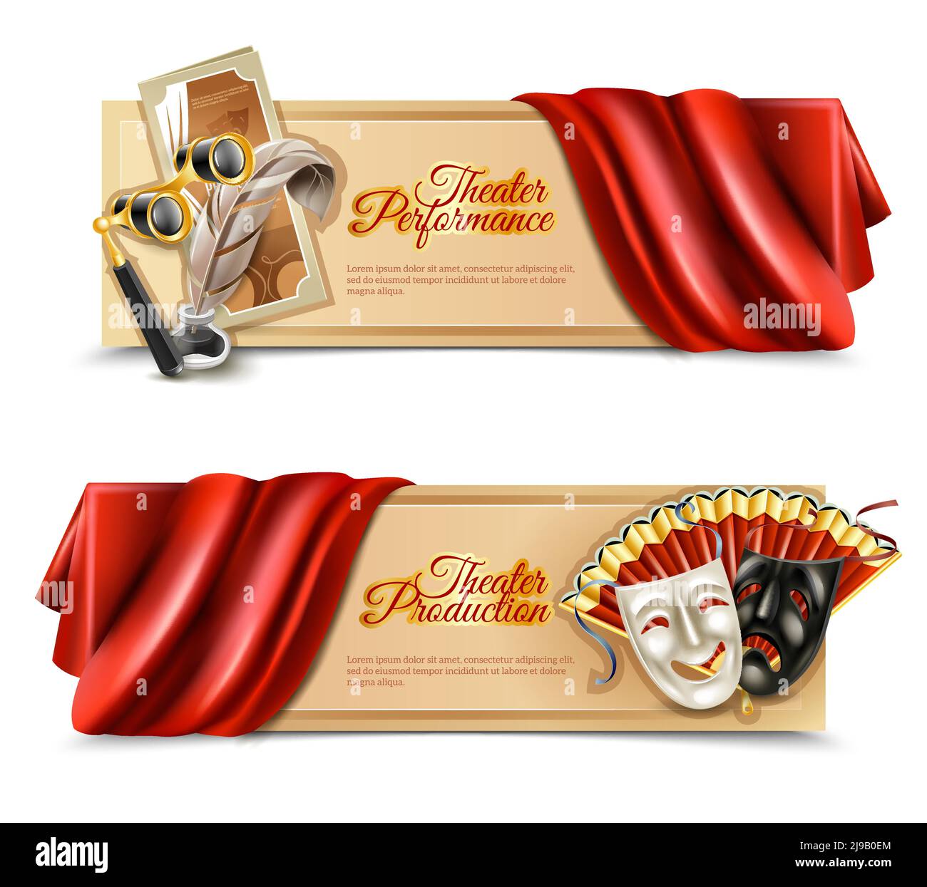 Theatre performance realistic horizontal banners set with curtain and masks isolated vector illustration Stock Vector