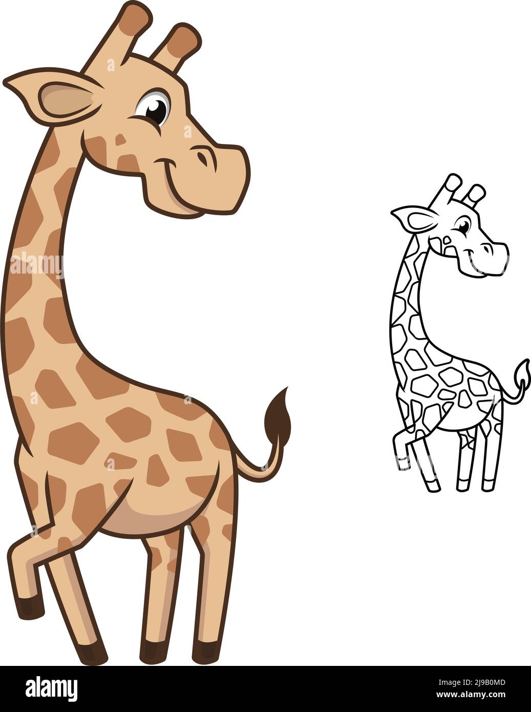 Cute Happy Baby Giraffe with Black and White Line Art Drawing ...
