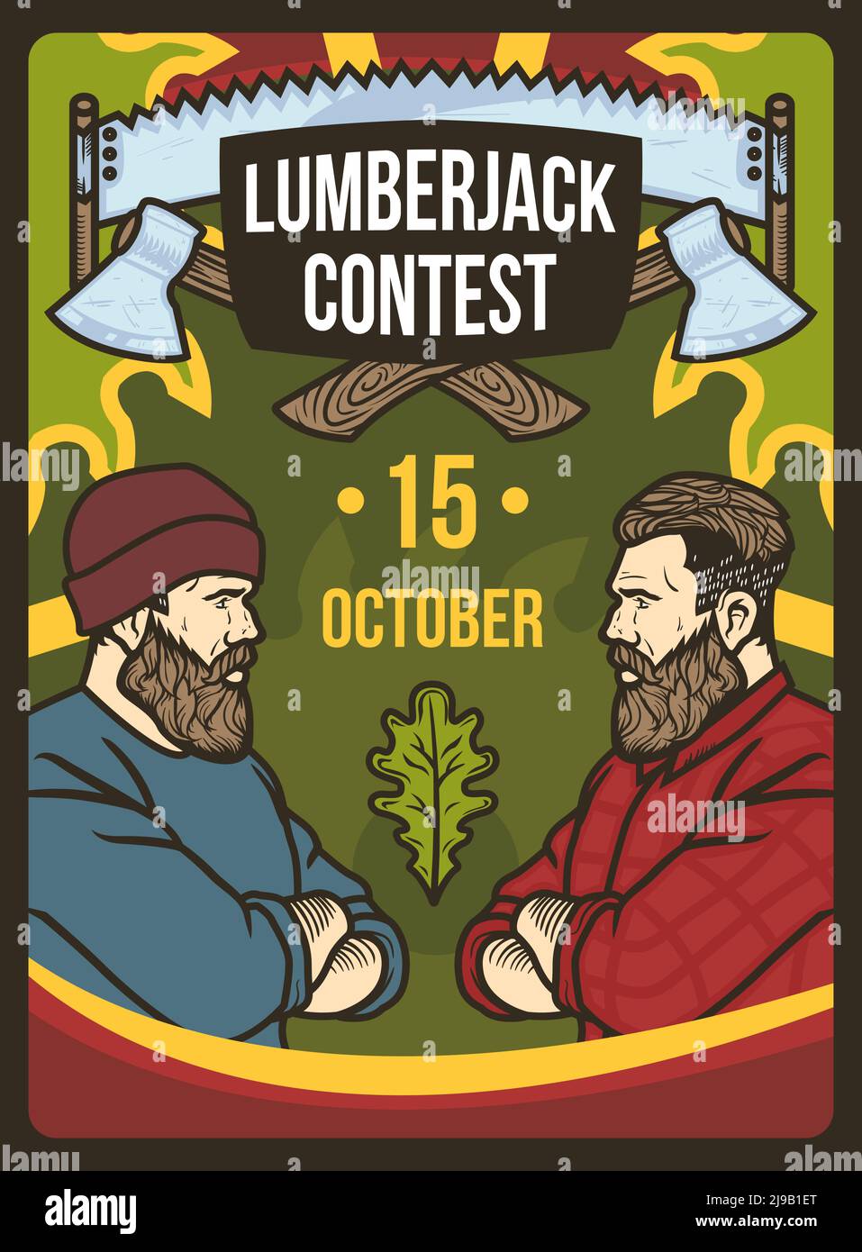 Poster design with illustration of two lumberjacks standing infront of