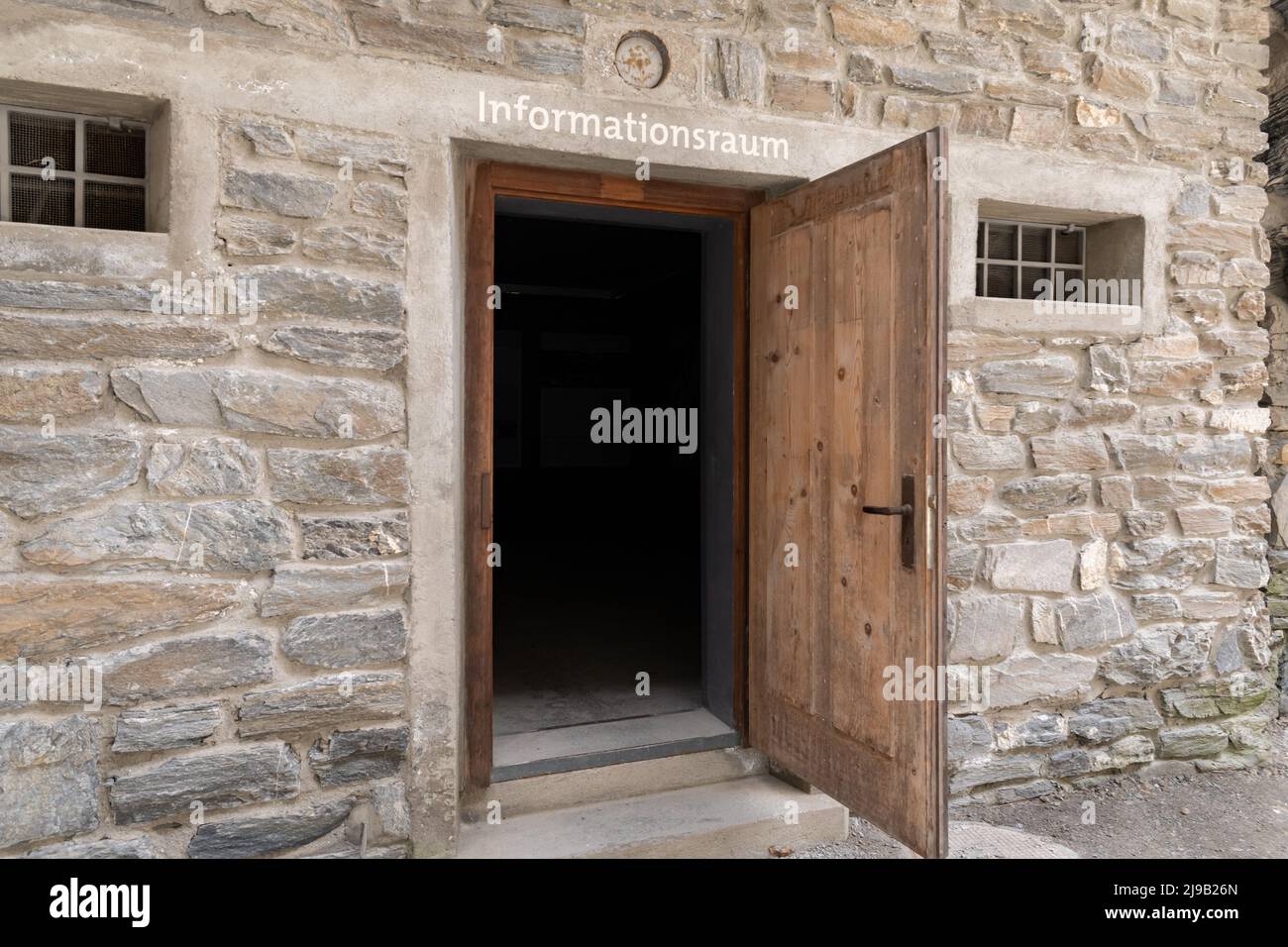Zillis, Grison, Switzerland, April 12, 2022 Open door to an information room at the Viamala canyon Stock Photo