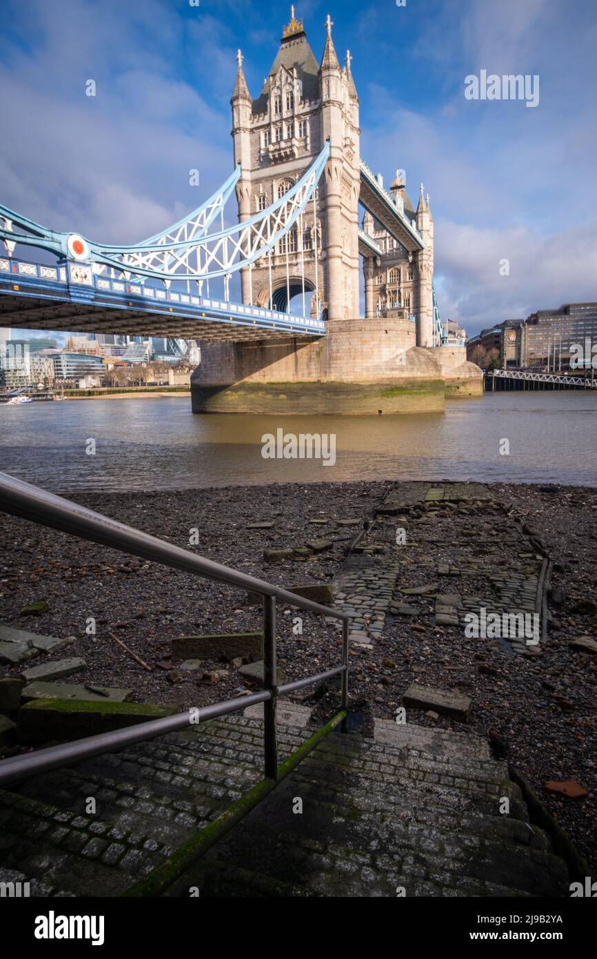 Tower Bridge in London at low tide Stock Photo