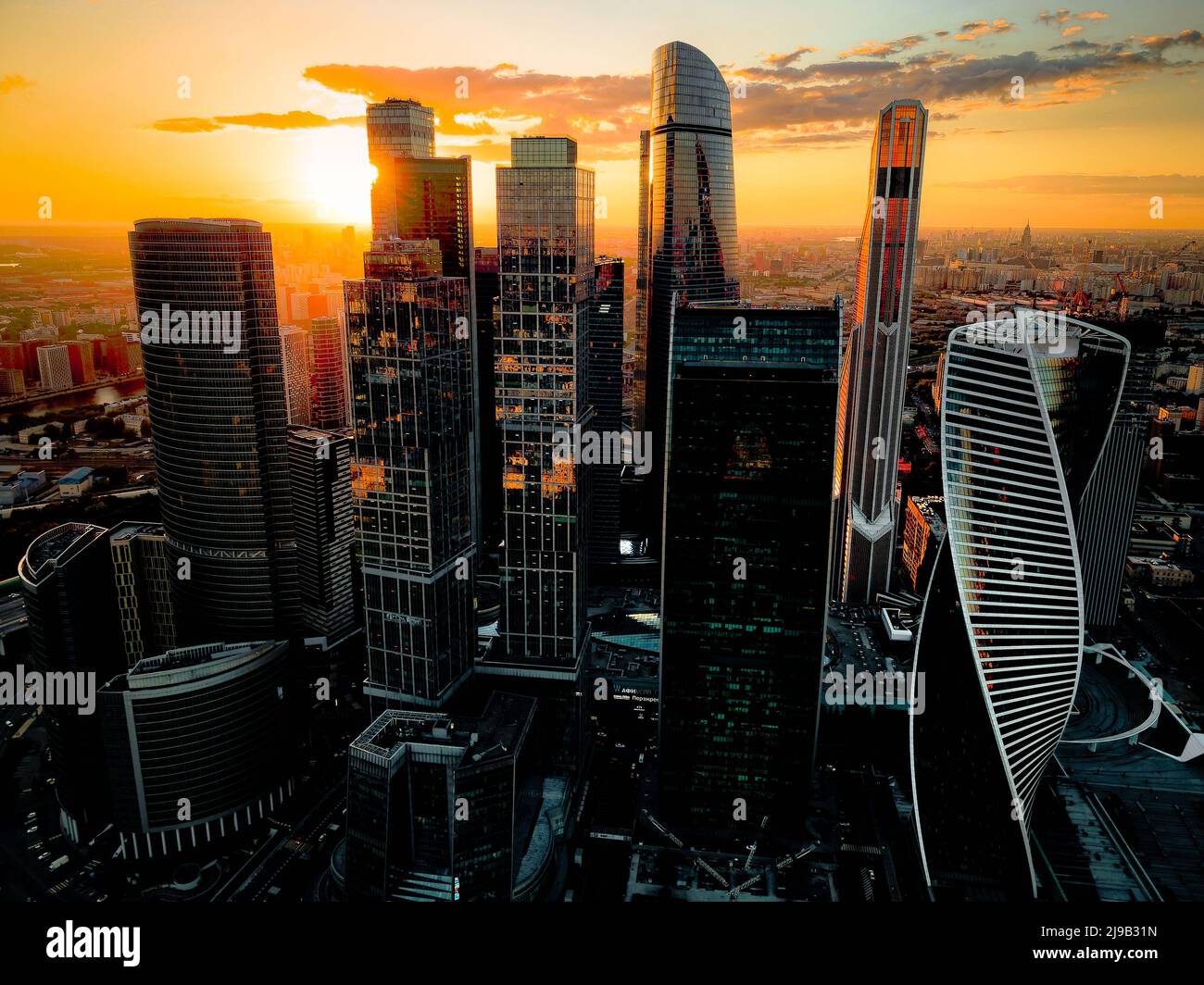 Skyscrapers of Moscow City business centre at sunset. Aerial view of Moscow city skyline and skyscraper building Stock Photo