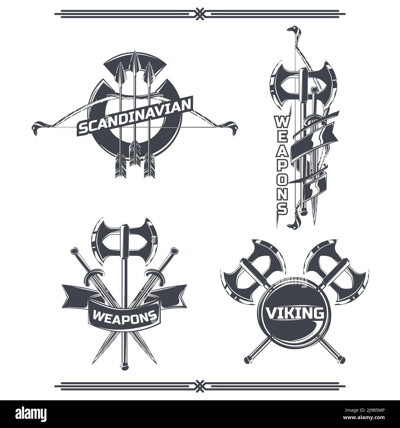 Set of viking’s emblems, labels, badges, logos. Isolated on white Stock