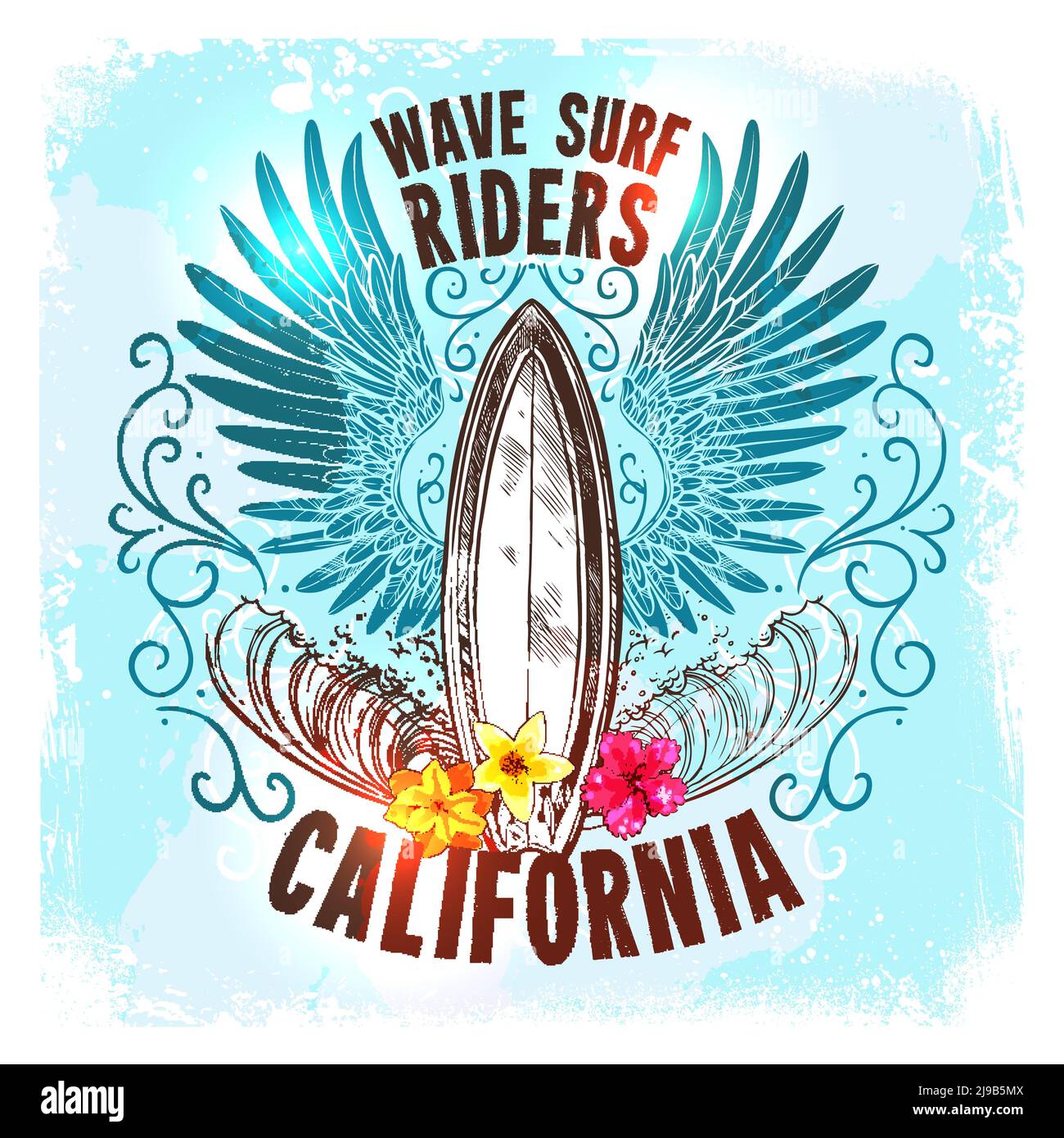 Surfing board label with sketch flowers and wave ornament vector ...