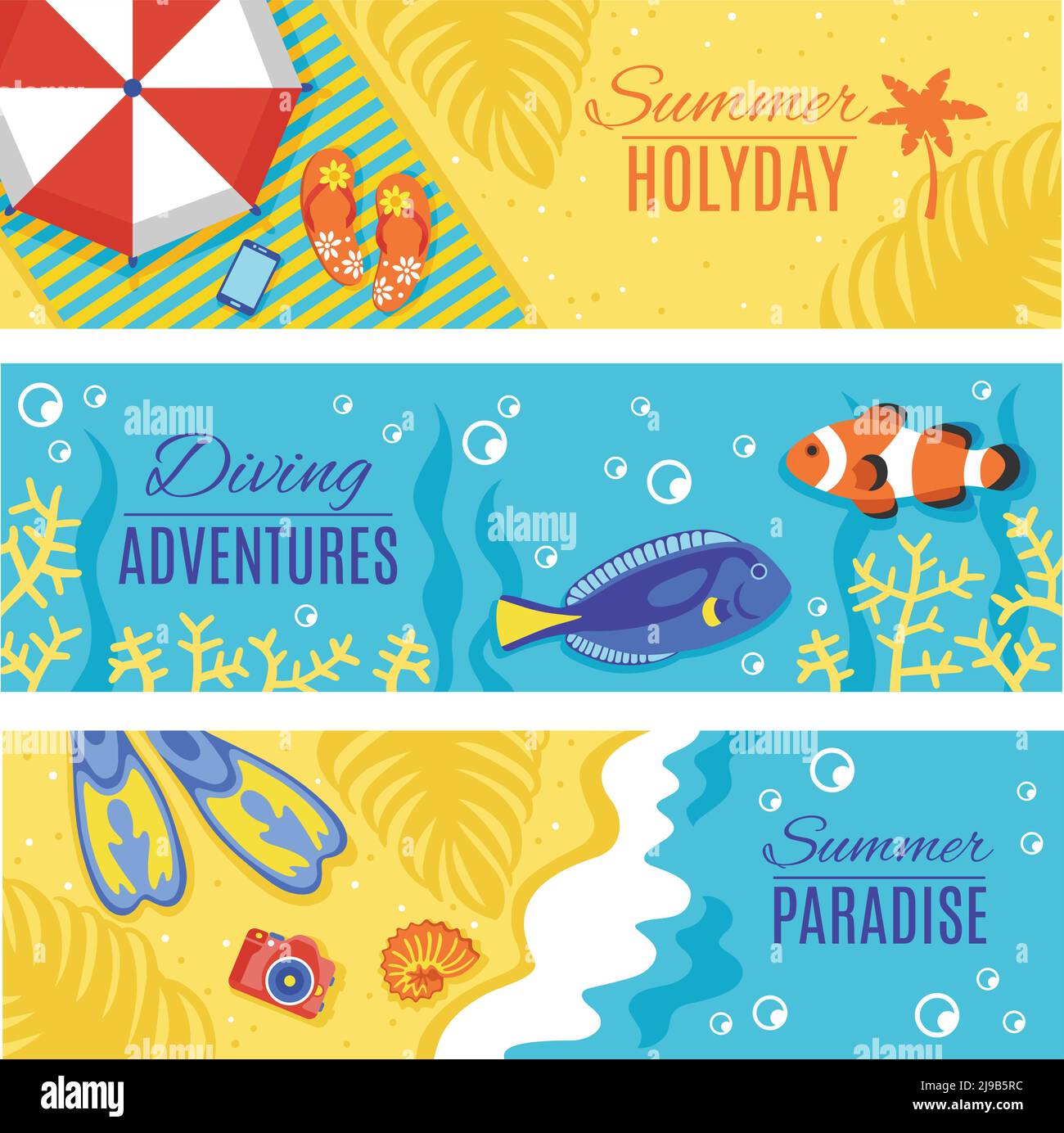 Summer paradise holiday adventures horizontal flat banners set with swimming and diving accessories abstract isolated vector illustration Stock Vector