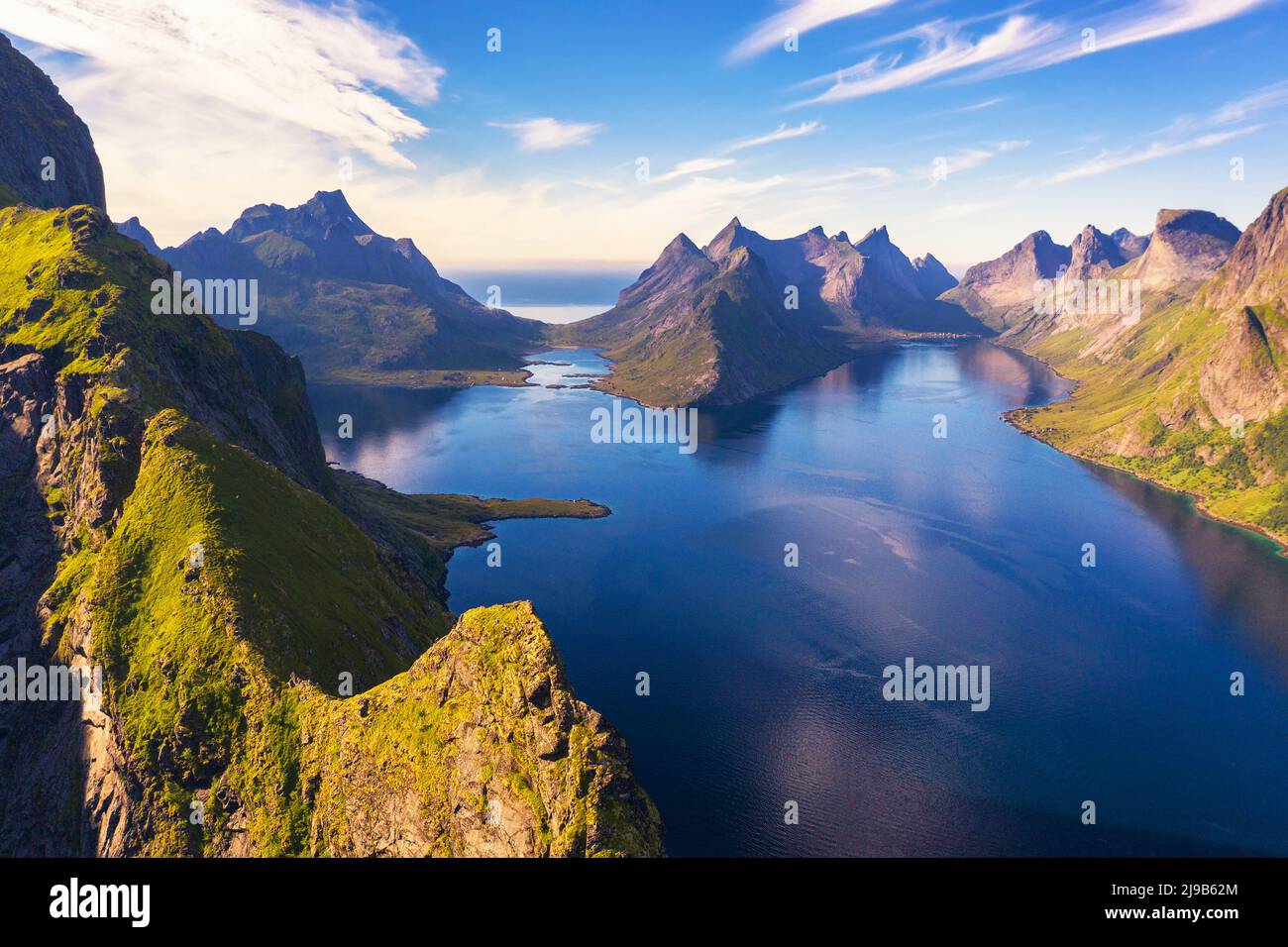 Aerial view of mountains and fjords around Reine in Lofoten islands, Norway Stock Photo