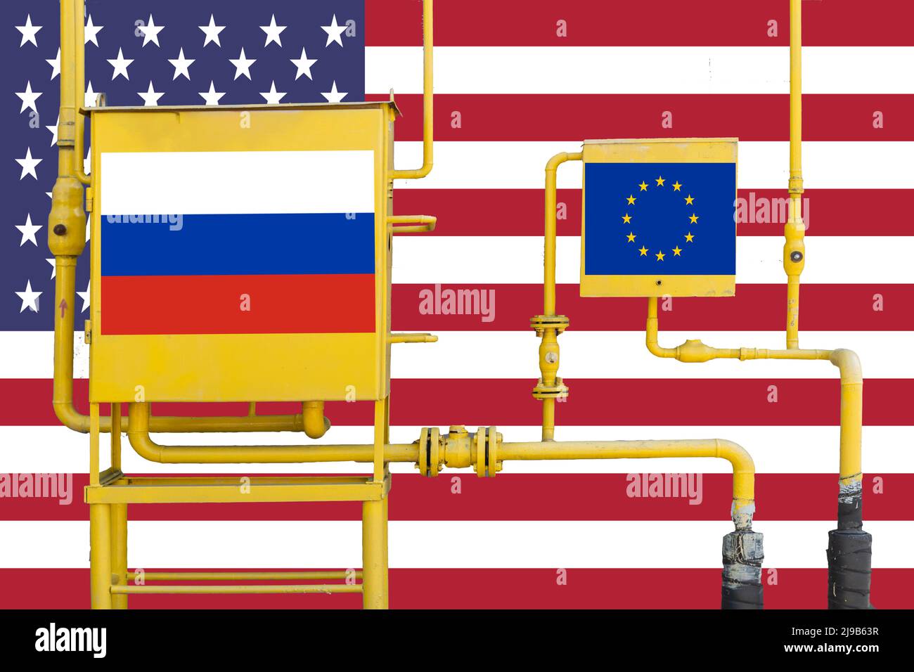 gas station with Russian and EU flags. Gas supply concept Stock Photo