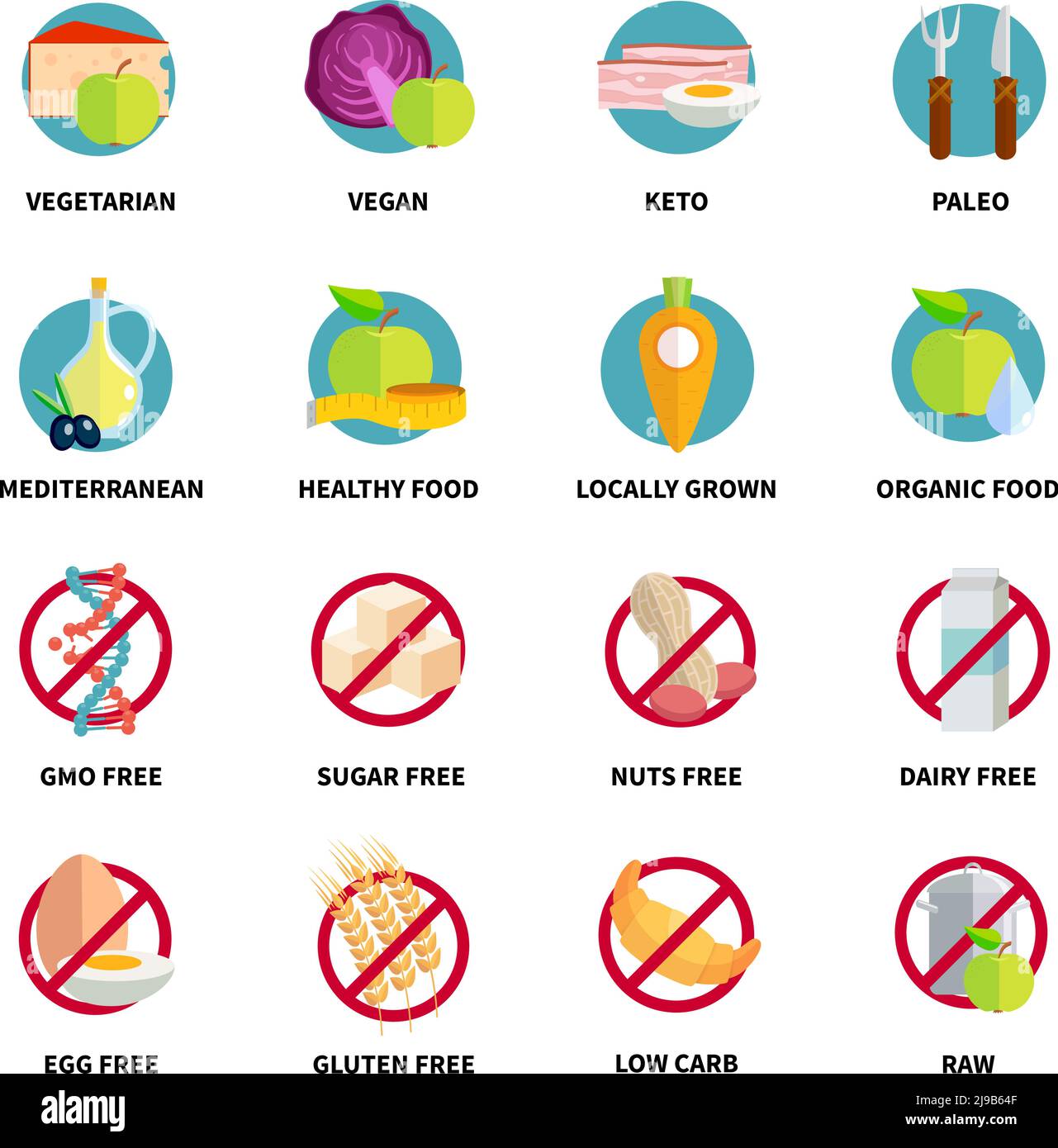 Flat color diets icons set  with inscriptions   isolated vector illustration Stock Vector