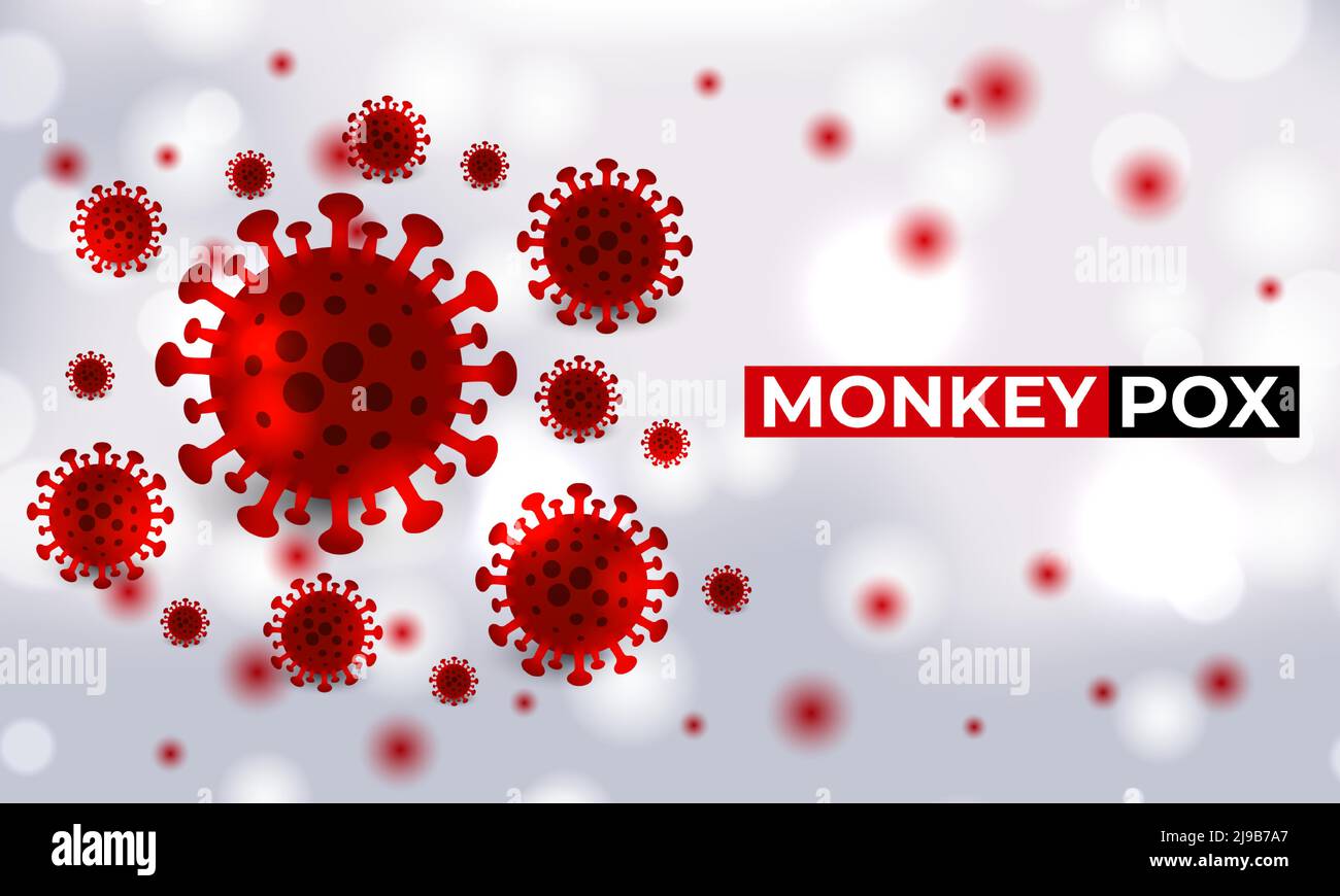 Monkeypox virus cells outbreak medical banner. Monkeypox virus cells on white sciense background. Monkey pox microbiological vector background. Stock Vector