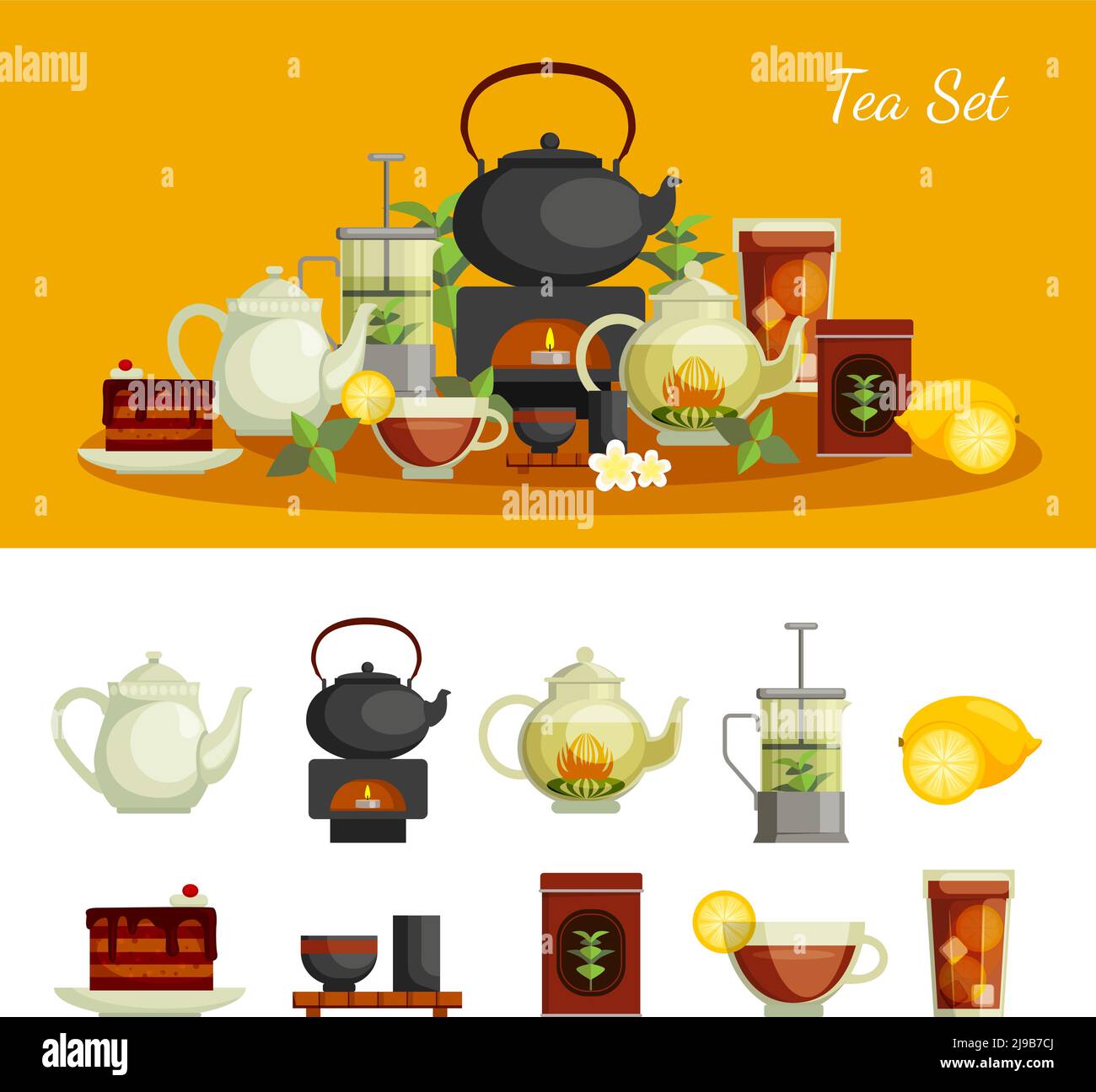 Tea icons set with lemon sugar and cake flat isolated vector illustration Stock Vector