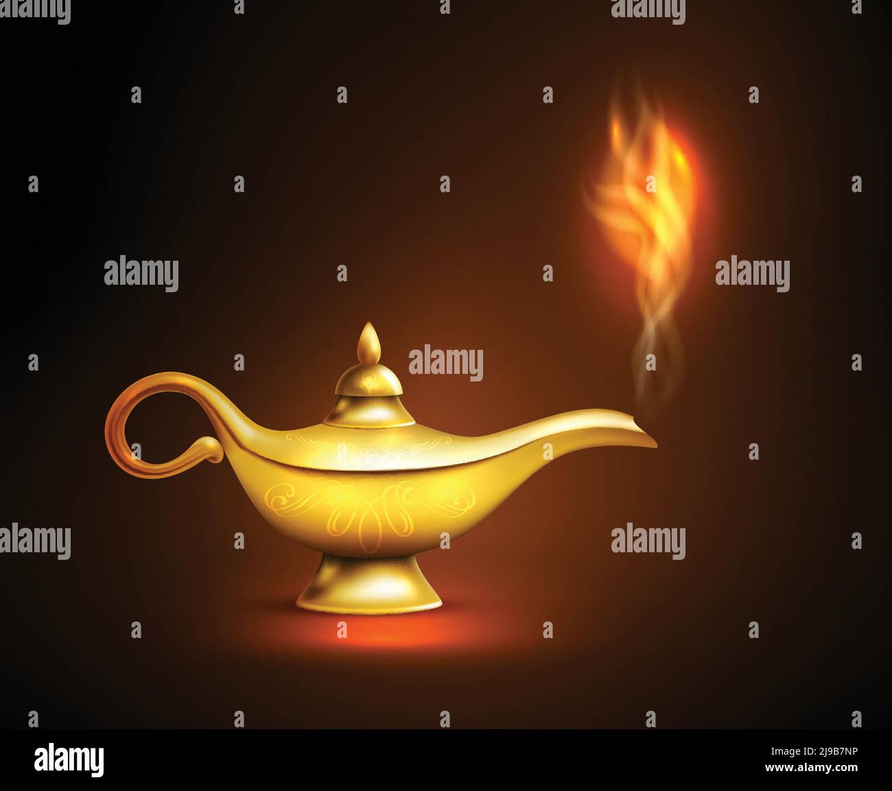 Realistic aladdin lamp smoke icon yellow iron placed on the surface and casts a shadow vector illustration Stock Vector