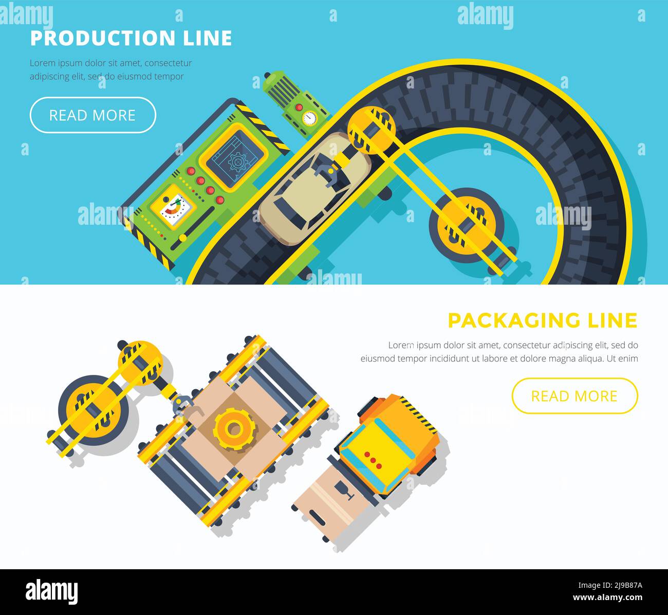 Top view horizontal banners of production line with car assembly and packing line with gears boxing vector illustration Stock Vector