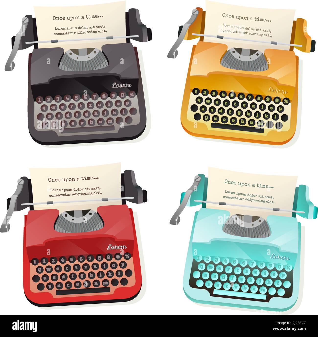 Flat set of colorful vintage typewriters isolated on white background vector illustration Stock Vector