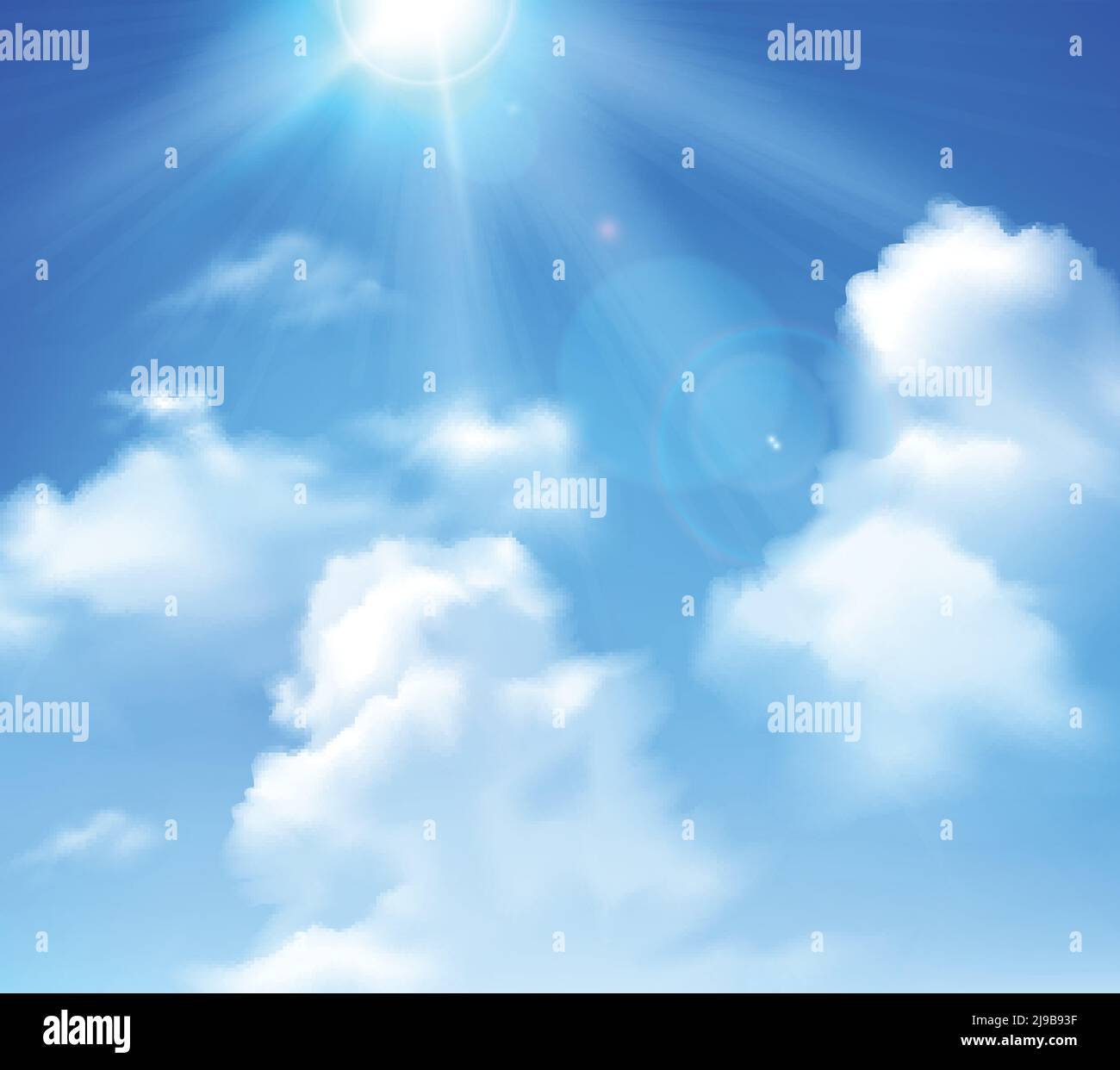 Sun shining in blue sky with white clouds realistic background vector ...