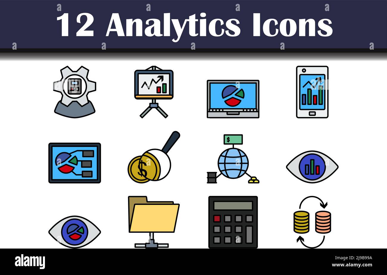 Analytics Icon Set. Editable Bold Outline With Color Fill Design. Vector Illustration. Stock Vector