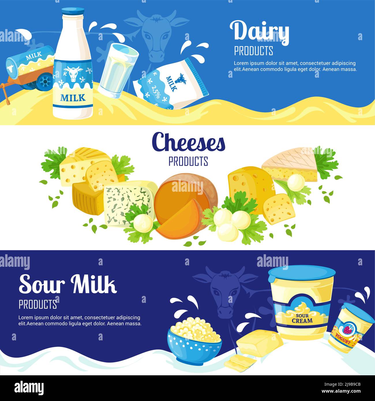 Dairy products horizontal banners with advertising of different cheeses sour cream and milk flat vector illustration Stock Vector