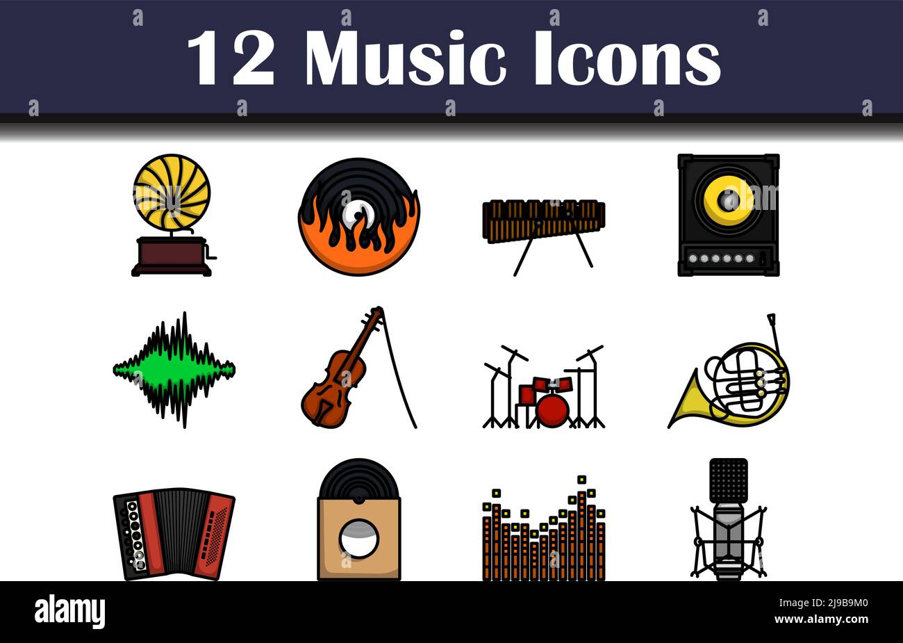 Music Icon Set. Editable Bold Outline With Color Fill Design. Vector ...