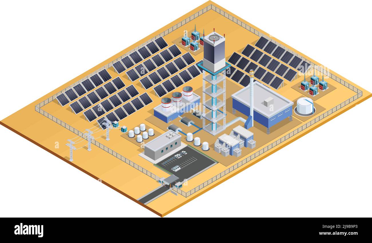 Model of solar station complex with mirror plates tower transformers control centre and parking isometric vector illustration Stock Vector