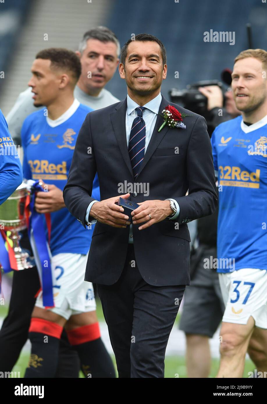 Glasgow, Scotland, 21st May 2022.   Rangers Manager Giovanni van Bronckhorst after the Scottish Cup match at Hampden Park, Glasgow. Picture credit should read: Neil Hanna / Sportimage Stock Photo