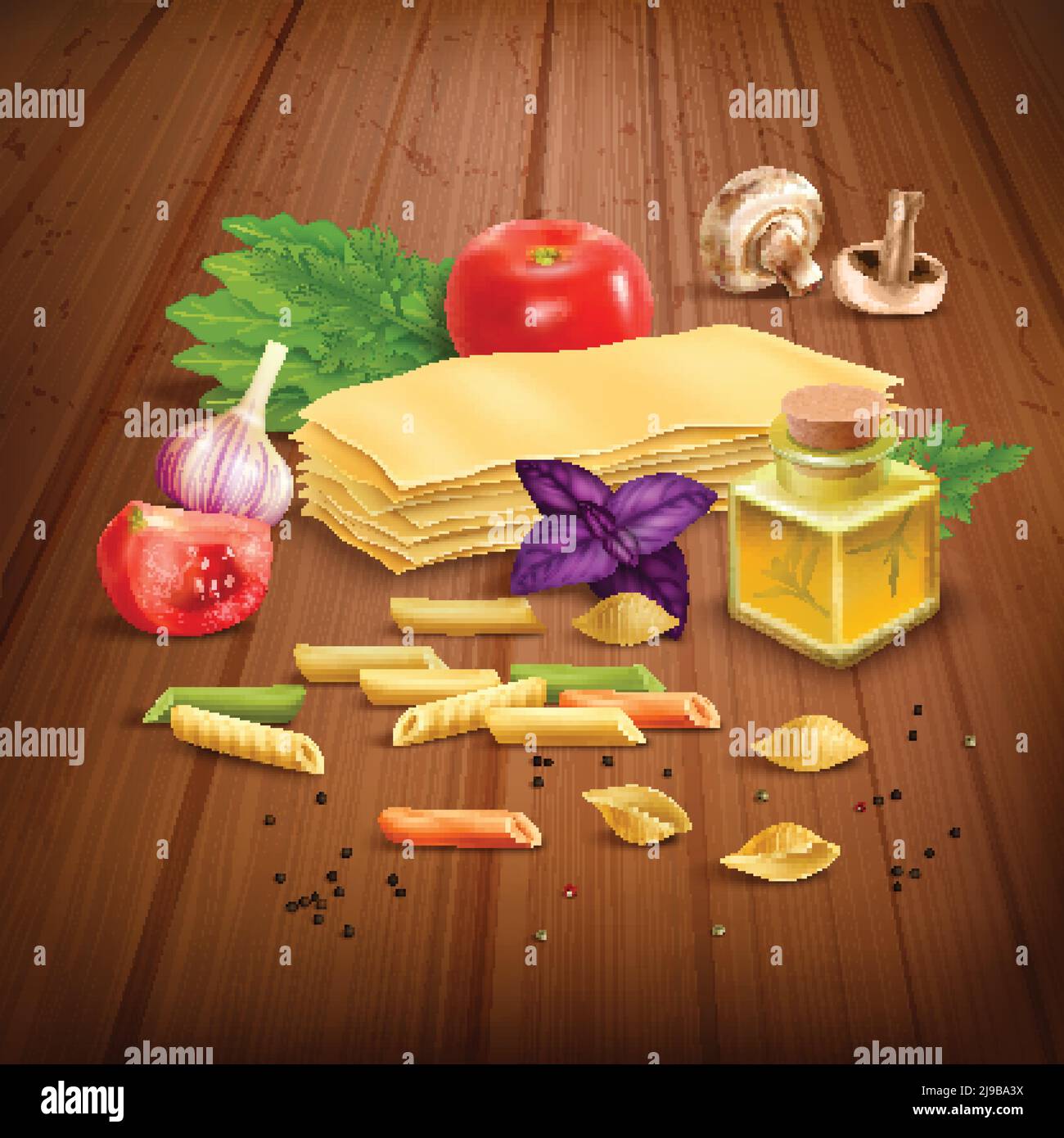 Classic italian dry pasta dish raw ingredients realistic composition