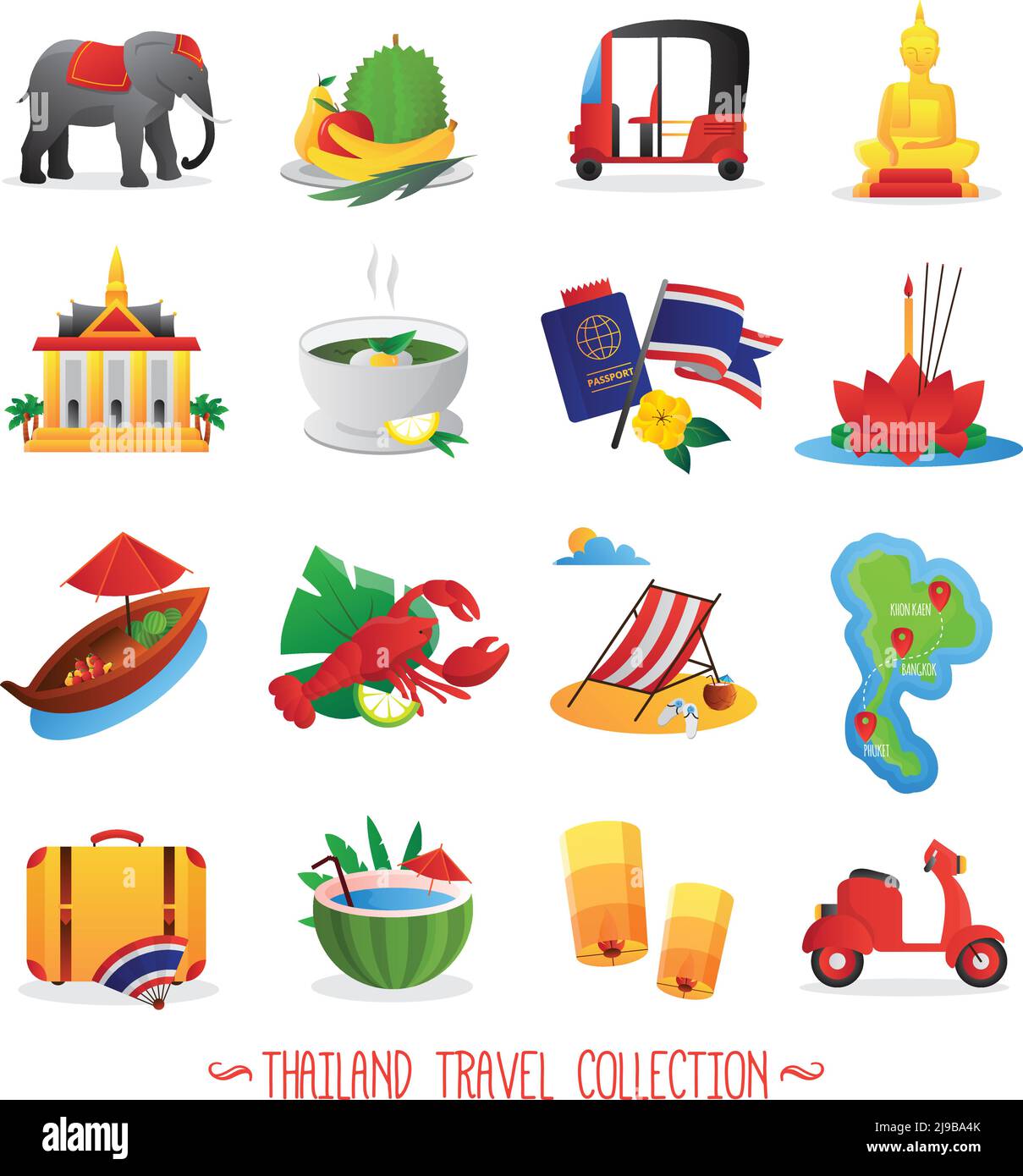 Thailand travel symbols flat icons collection with national food buddha figure and lotus abstract isolated vector illustration Stock Vector