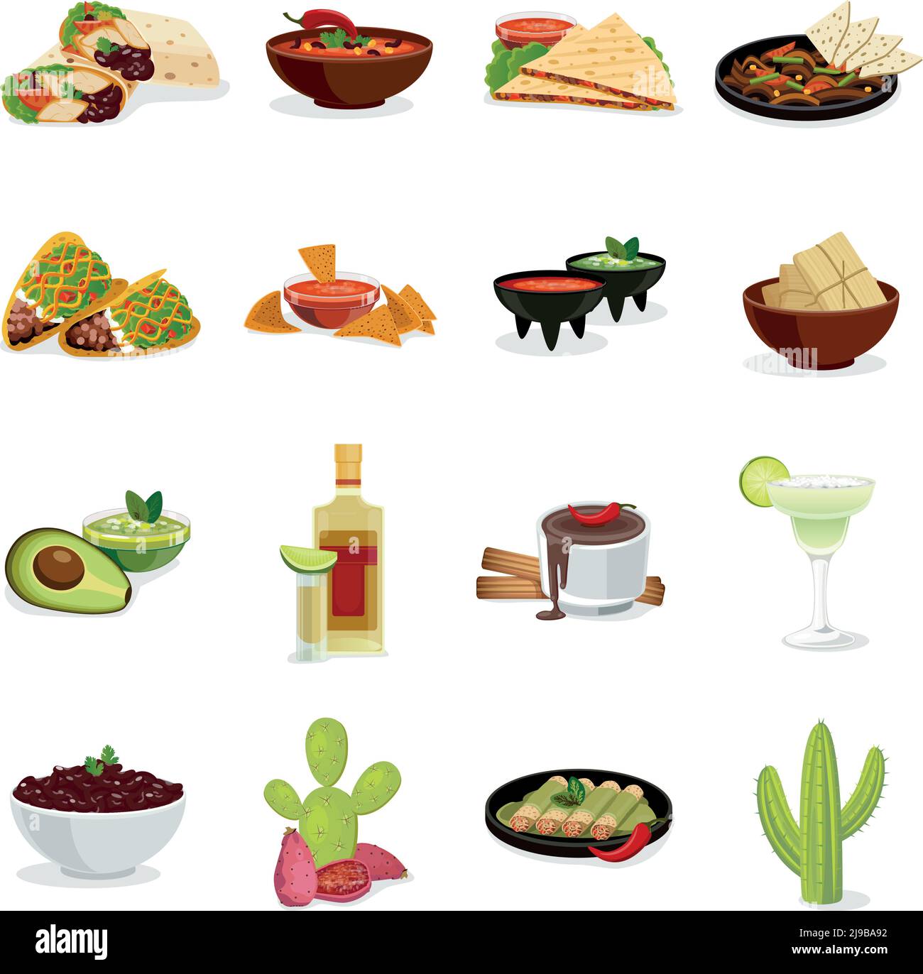 Mexican cuisine dishes snacks and drinks flat icons set with cactus national symbol abstract isolated vector illustration Stock Vector