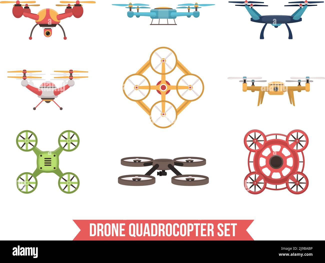 Flat set of flying colorful unmanned drone quadrocopters isolated on ...