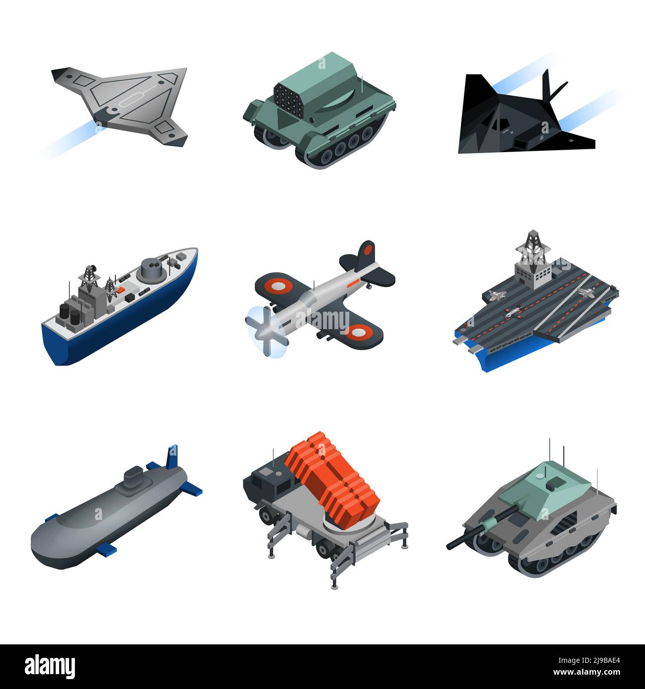 Military equipment isometric icons set with submarine fighter aircraft tank isolated vector illustration Stock Vector
