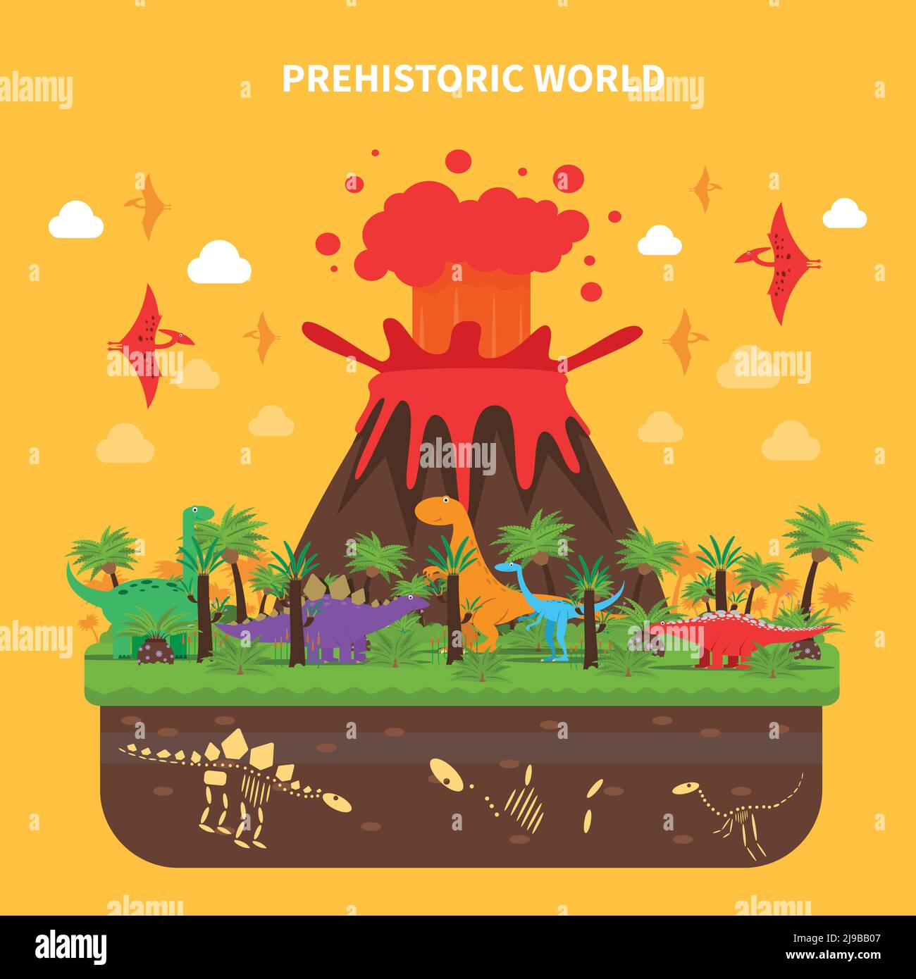 Prehistoric world concept with dinosaurs and volcano eruption vector illustration Stock Vector