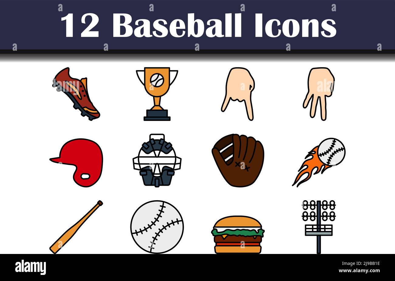 Baseball Icon Set. Editable Bold Outline With Color Fill Design. Vector ...