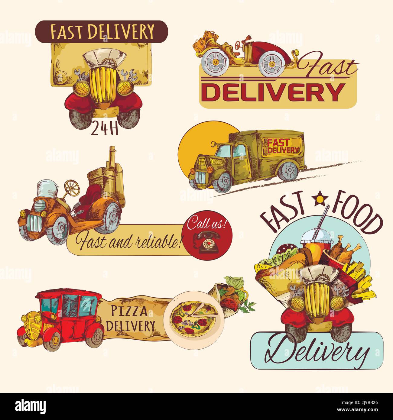 Retro cars fast food delivery hand drawn emblems set isolated vector illustration Stock Vector