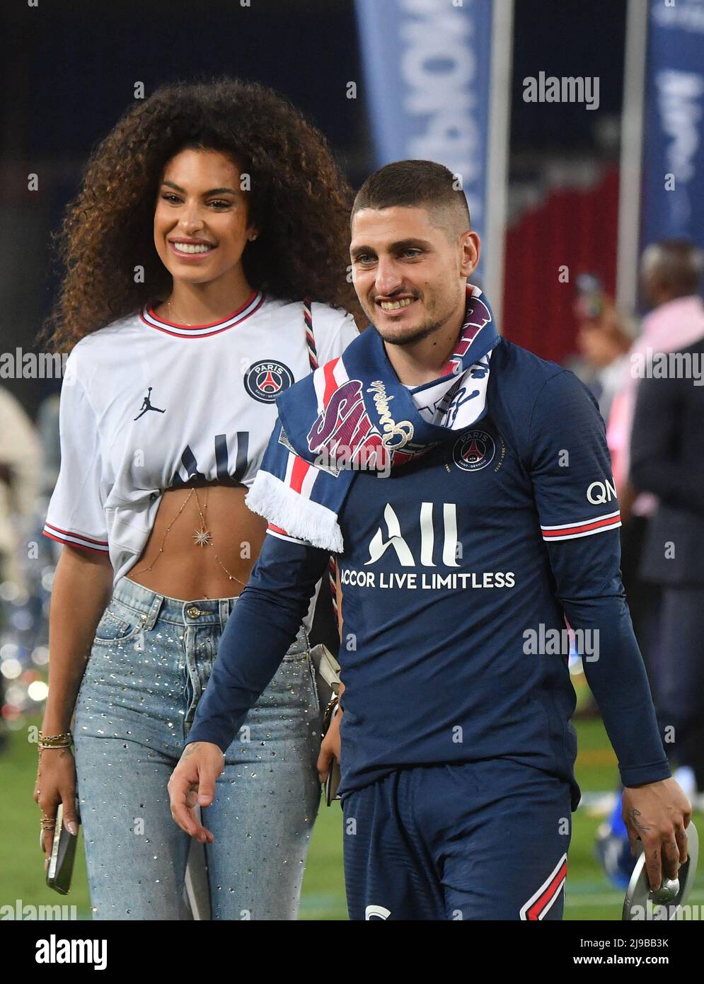 Marco Verratti of PSG and his wife Jessica Aidi following the Ligue 1  Trophy Ceremony following the French championship Ligue 1 football match  between Paris Saint-Germain (PSG) and FC Metz on May