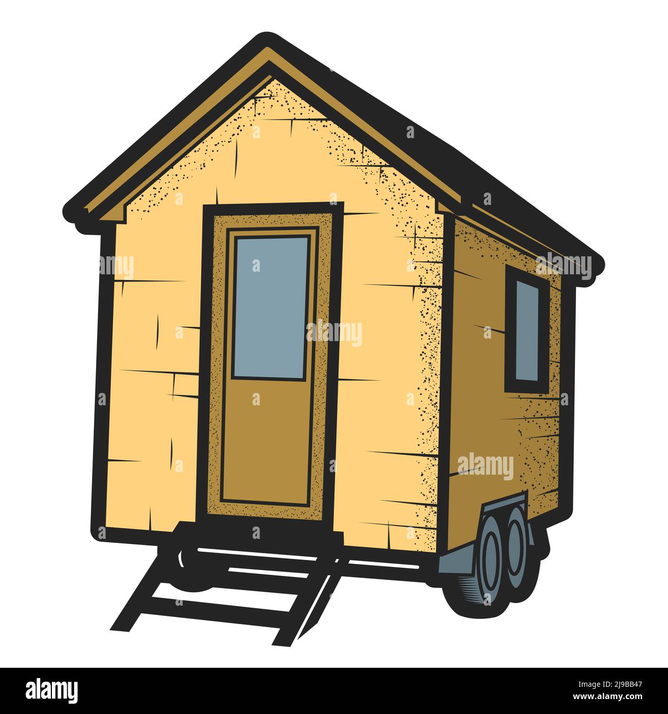 Wheeled tiny house or cabin trailer,  cute vehicle hovel front view, vector Stock Vector