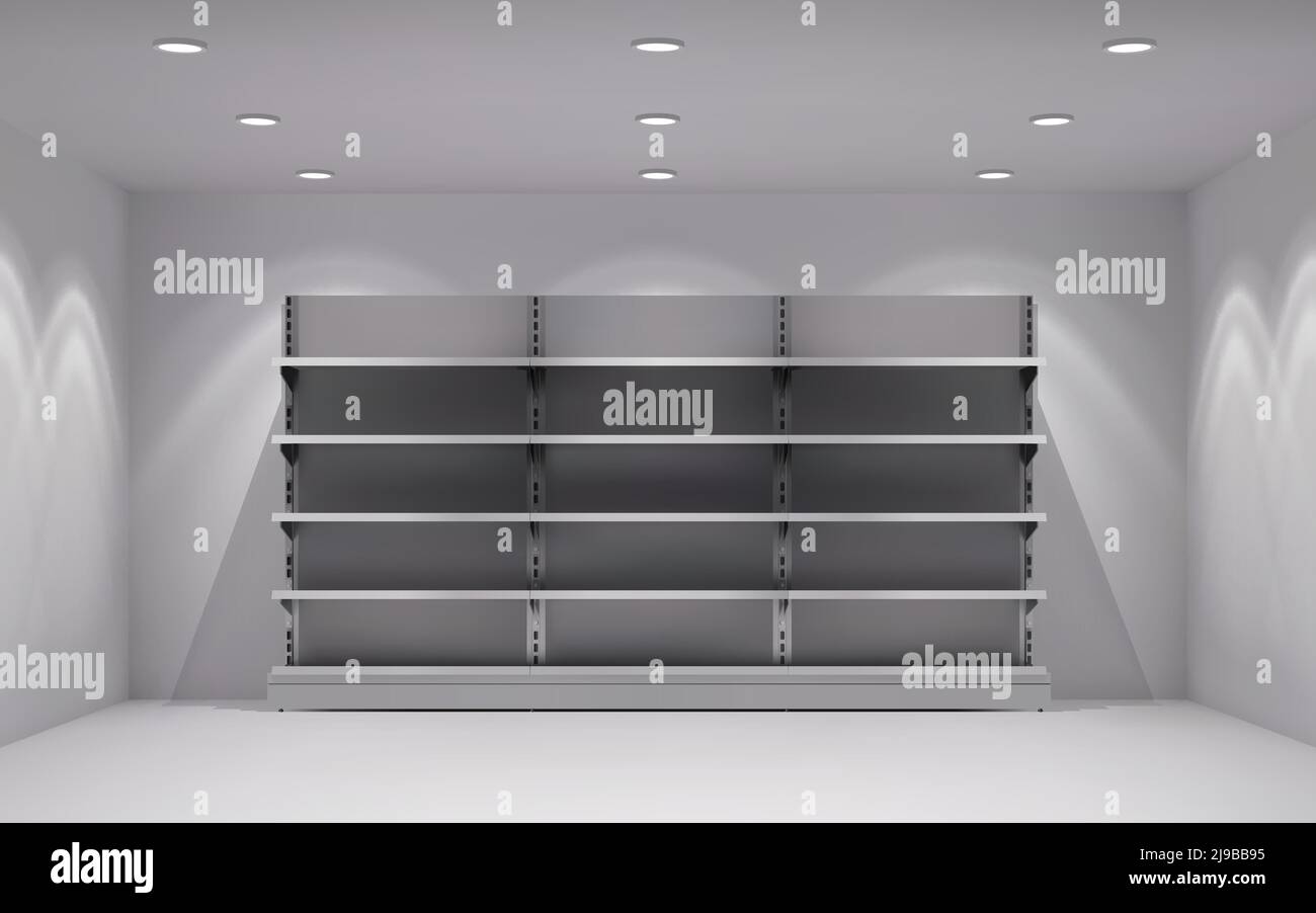 Realistic 3d store interior with empty shelves in lamp spotlights ...