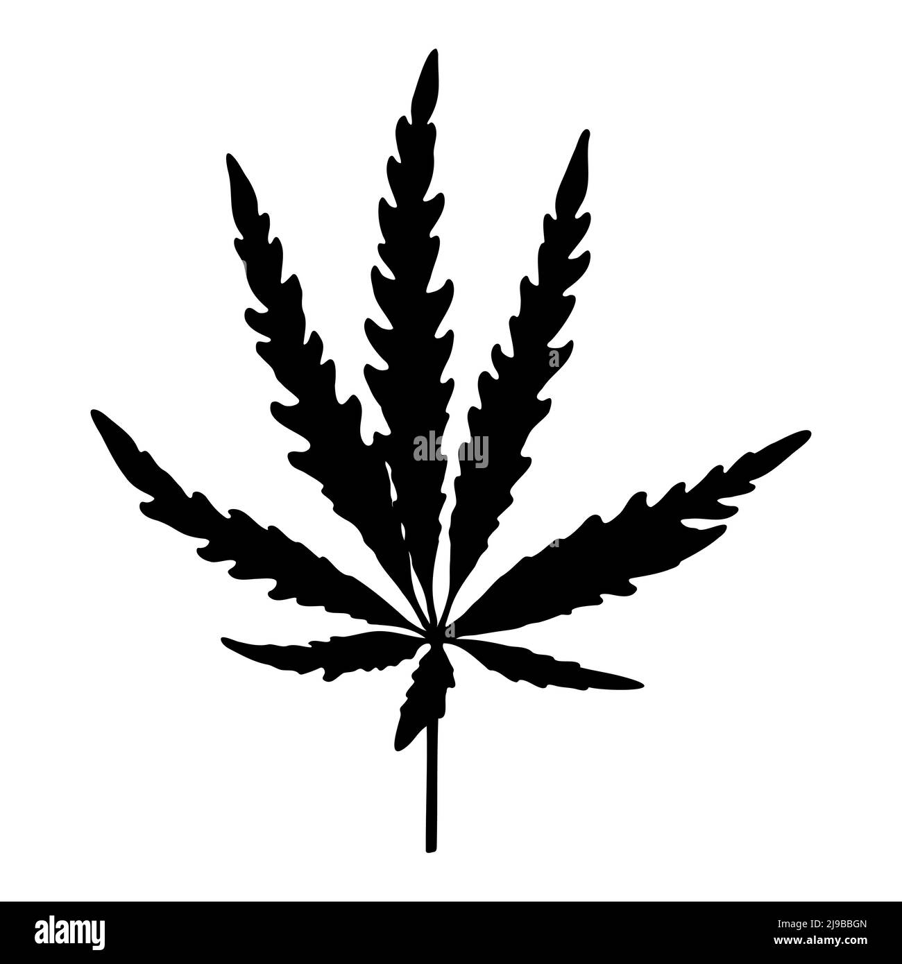 Black silhouette of marijuana leaf isolated on white background. Marijuana leaf icon or cannabis icon. Silhouette of cannabis. Vector illustration. Stock Vector