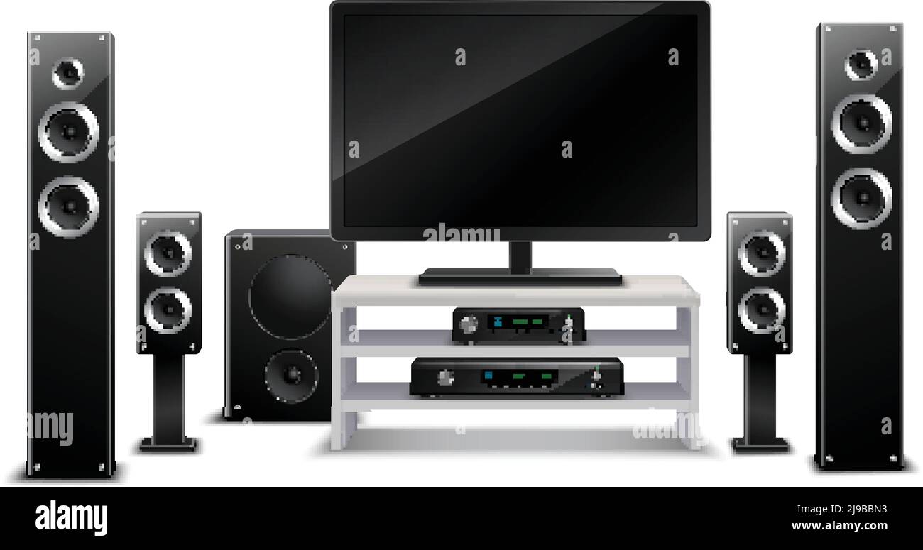 Realistic home theater concept with tv dvdplayer and musical speakers