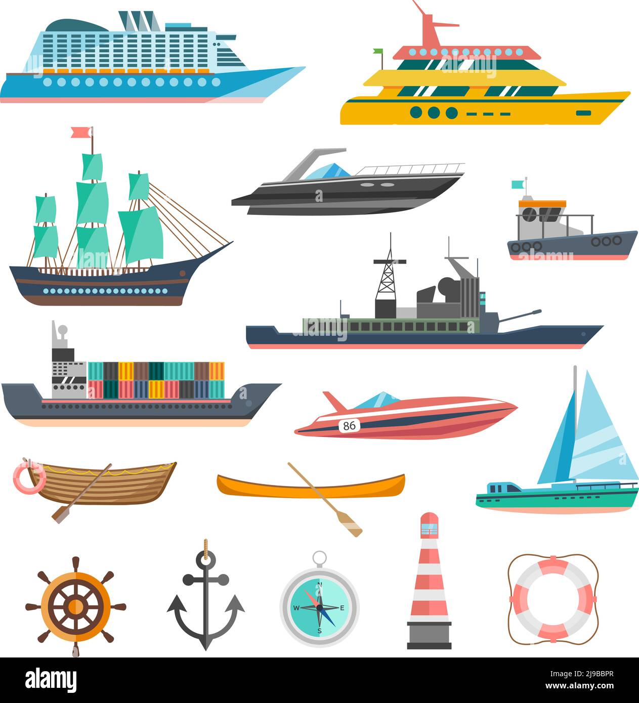 Ships yachts and boats icons set with navigation symbols flat isolated vector illustration Stock Vector