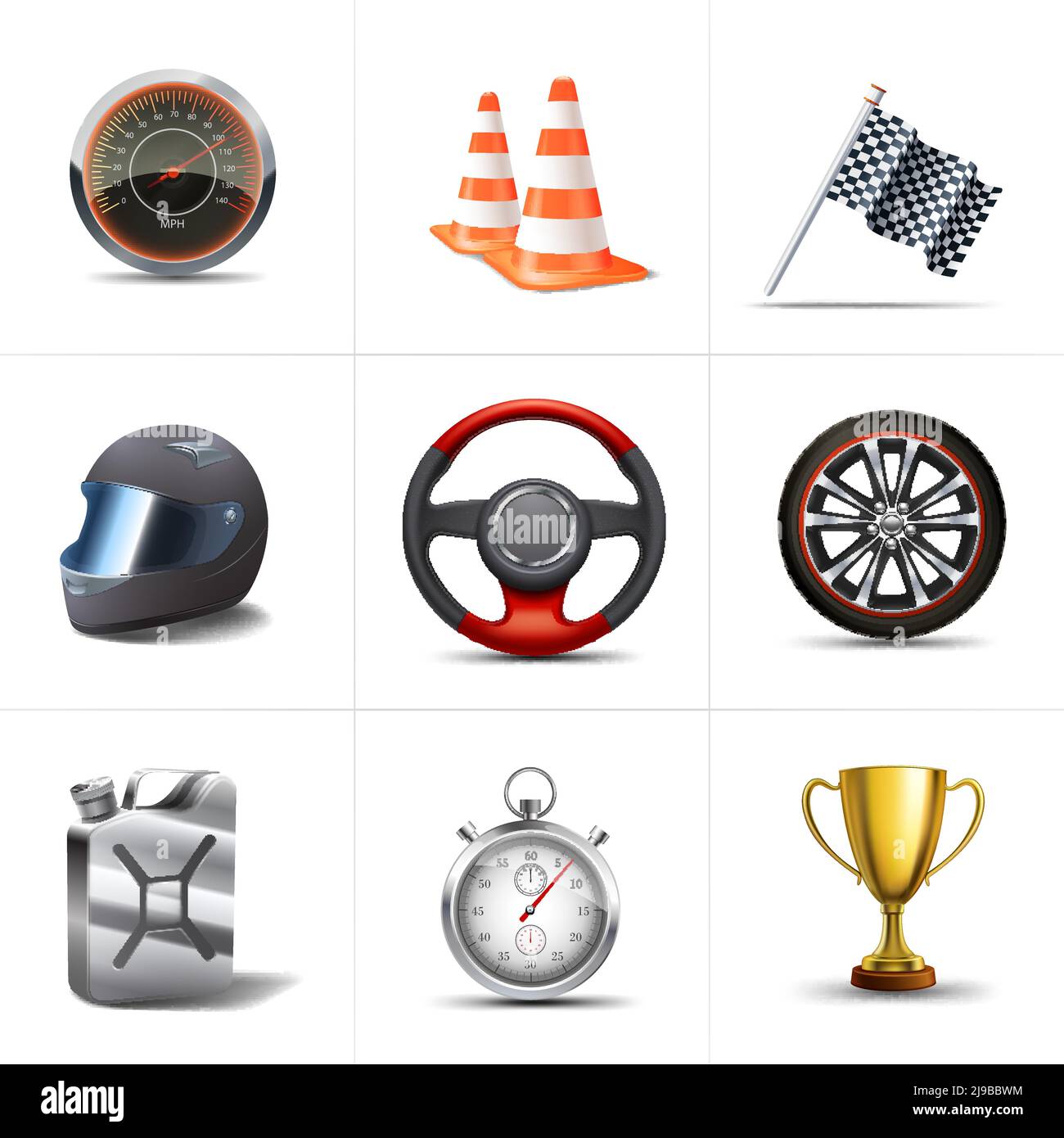 Racing decorative icons set with stopwatch traffic cones flag isolated ...