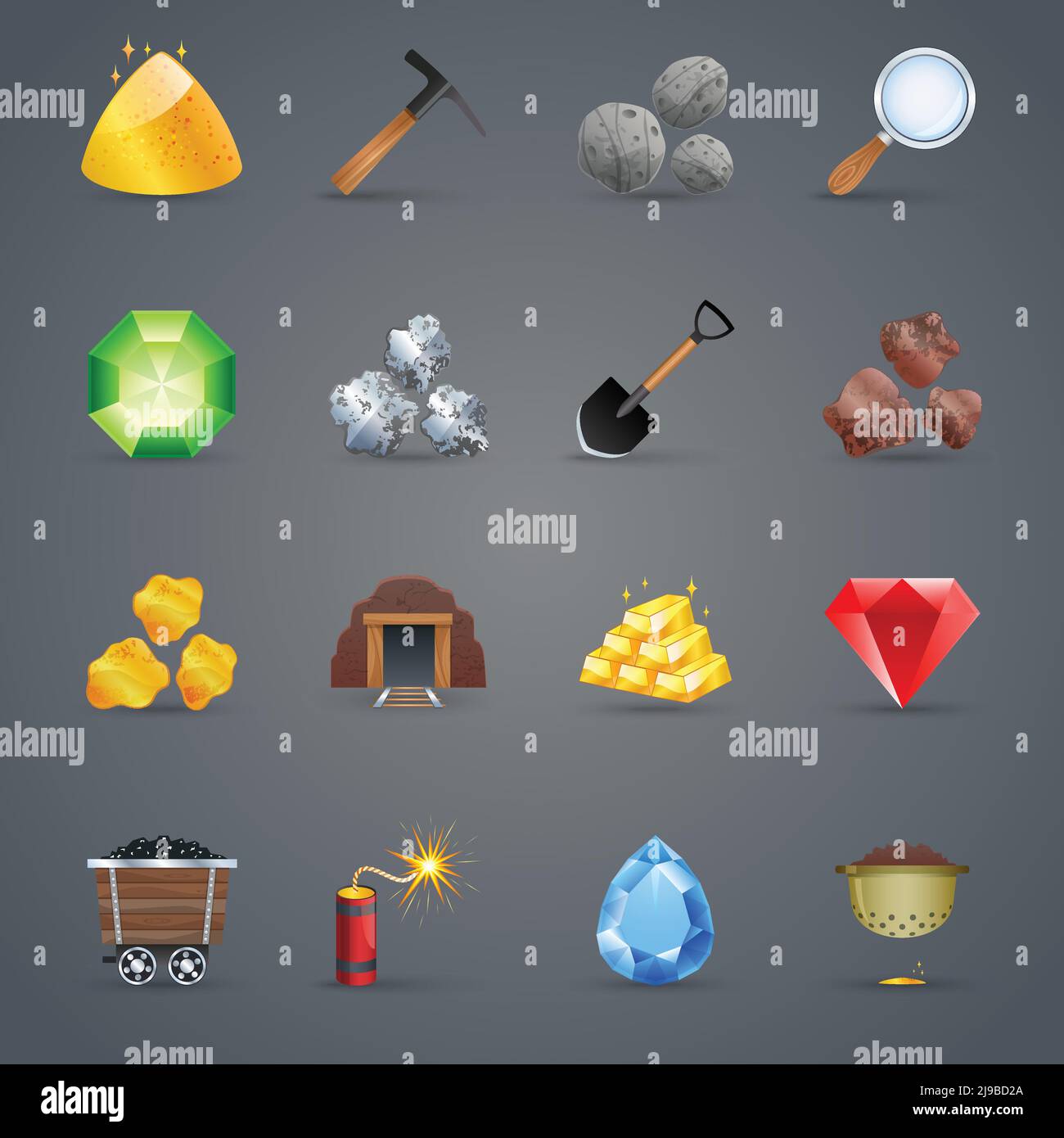 Mining strategy game cartoon icons set with gem picking tools isolated vector illustration Stock Vector