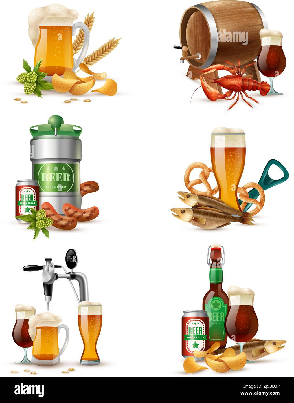 Tap beer in nonic glass tubs compositions set with brewers cask raw malt snacks and fish vector illustration Stock Vector