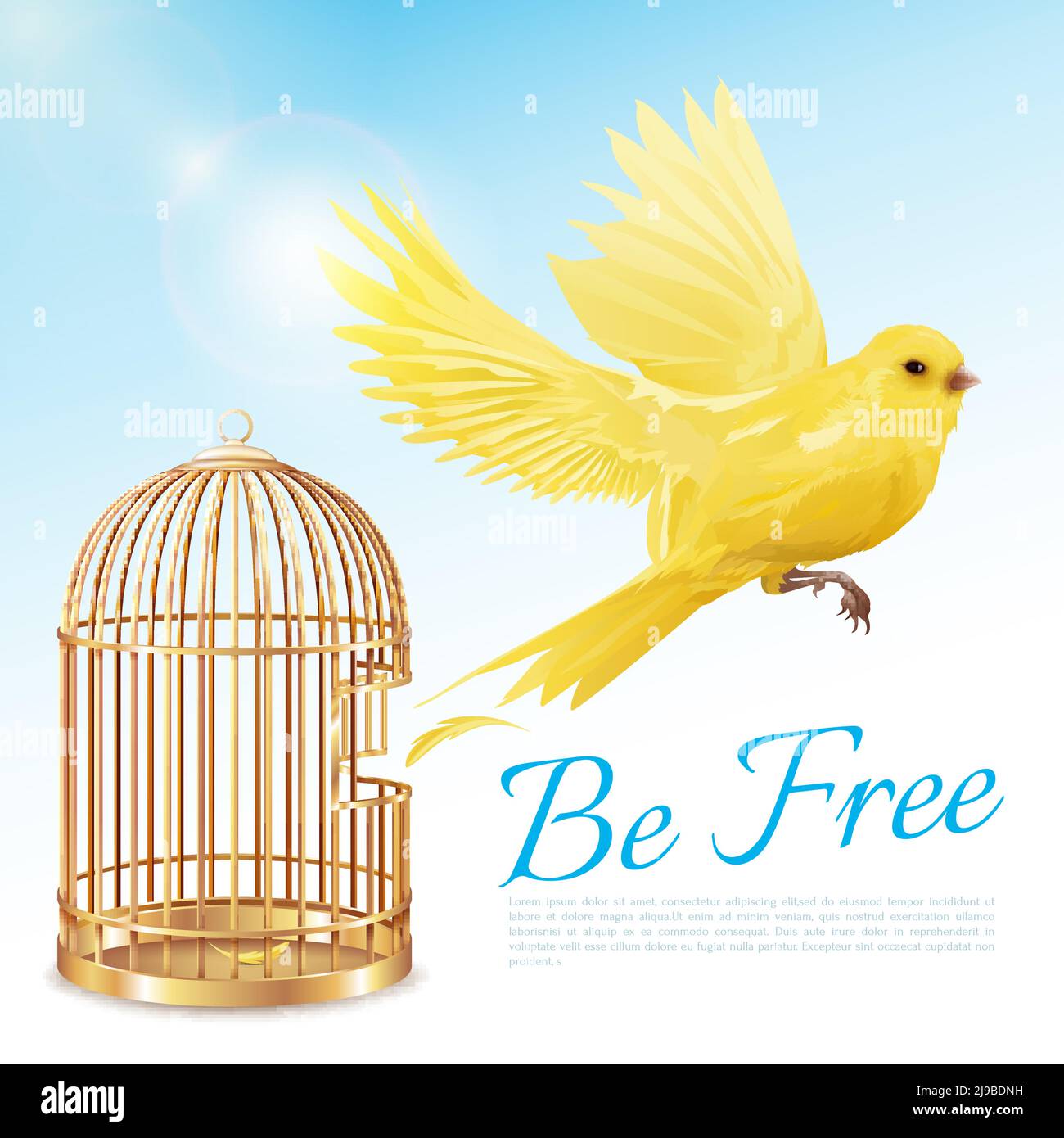 Poster with canary flying from open golden cage and getting freedom on blue white background vector illustration Stock Vector
