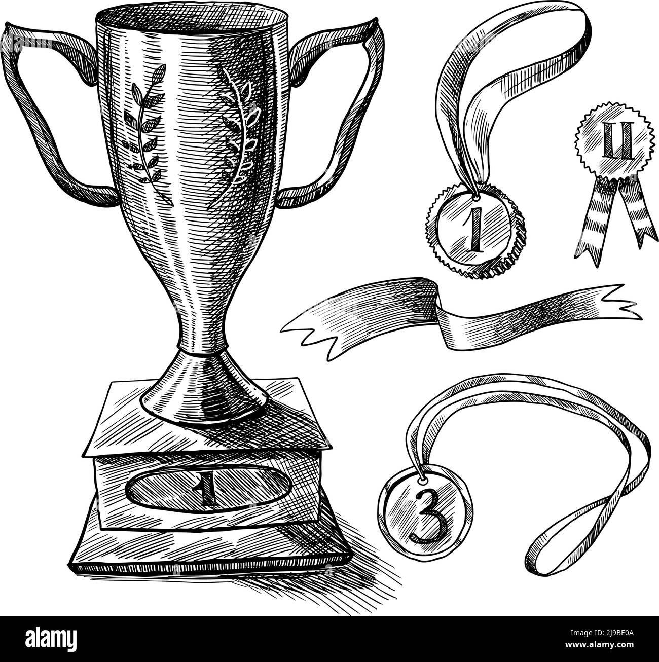 Trophy and awards decorative icons sketch set of medal winner cup