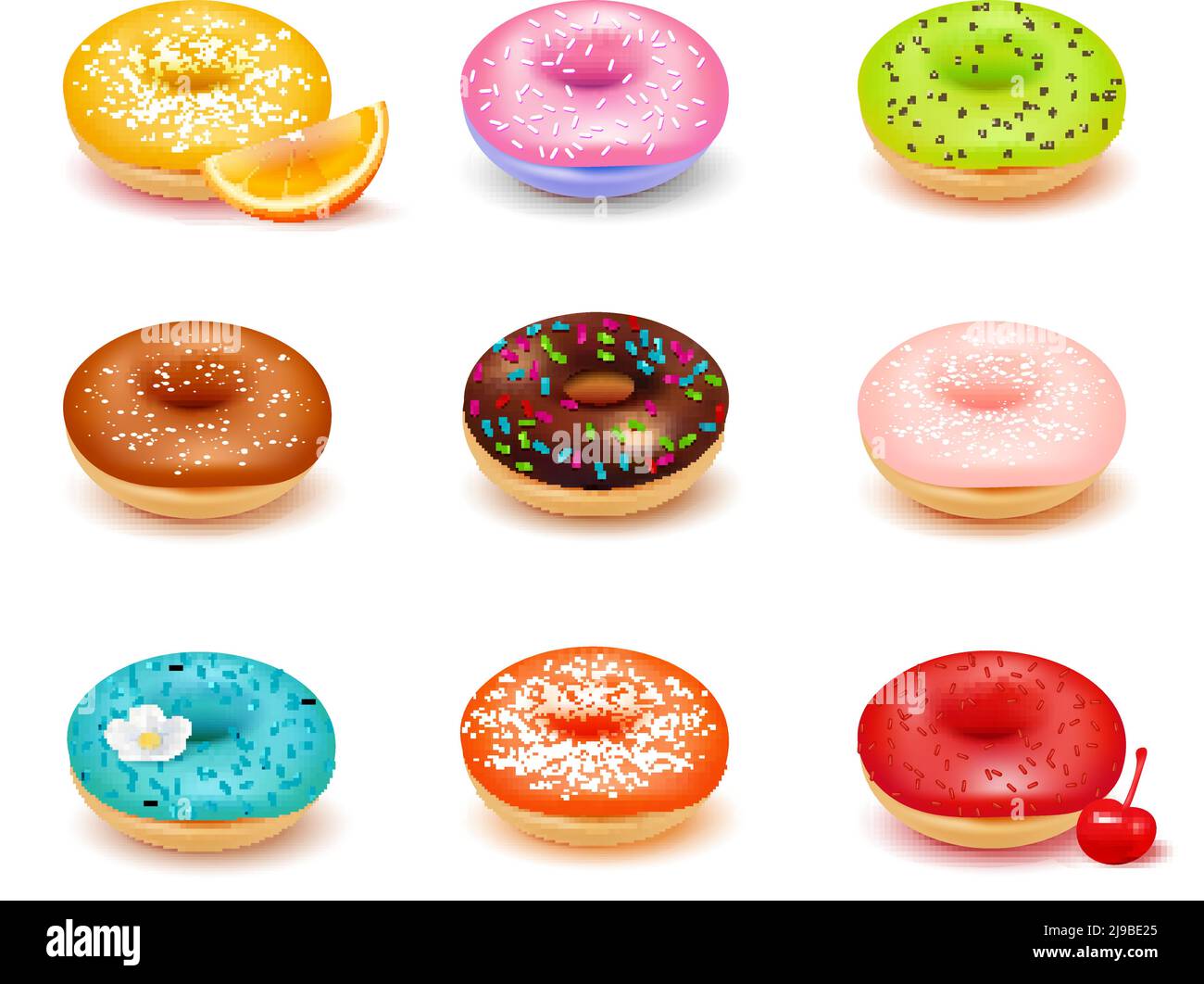 Sweet colorful donuts with various toppings and fresh fruit assortment ...
