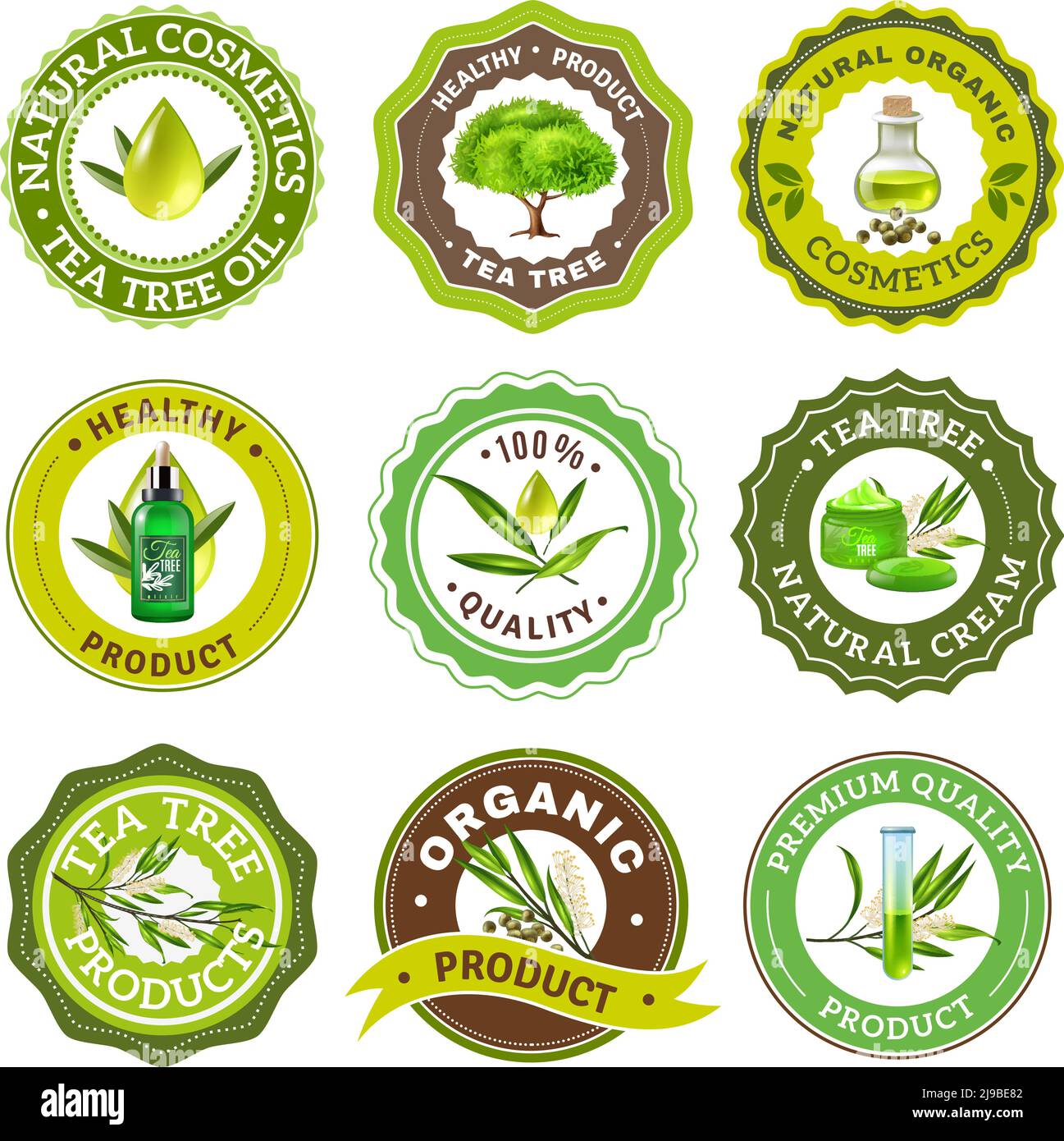 Organic high quality tea tree products emblem logo packaging set isolated on white background realistic vector illustration Stock Vector