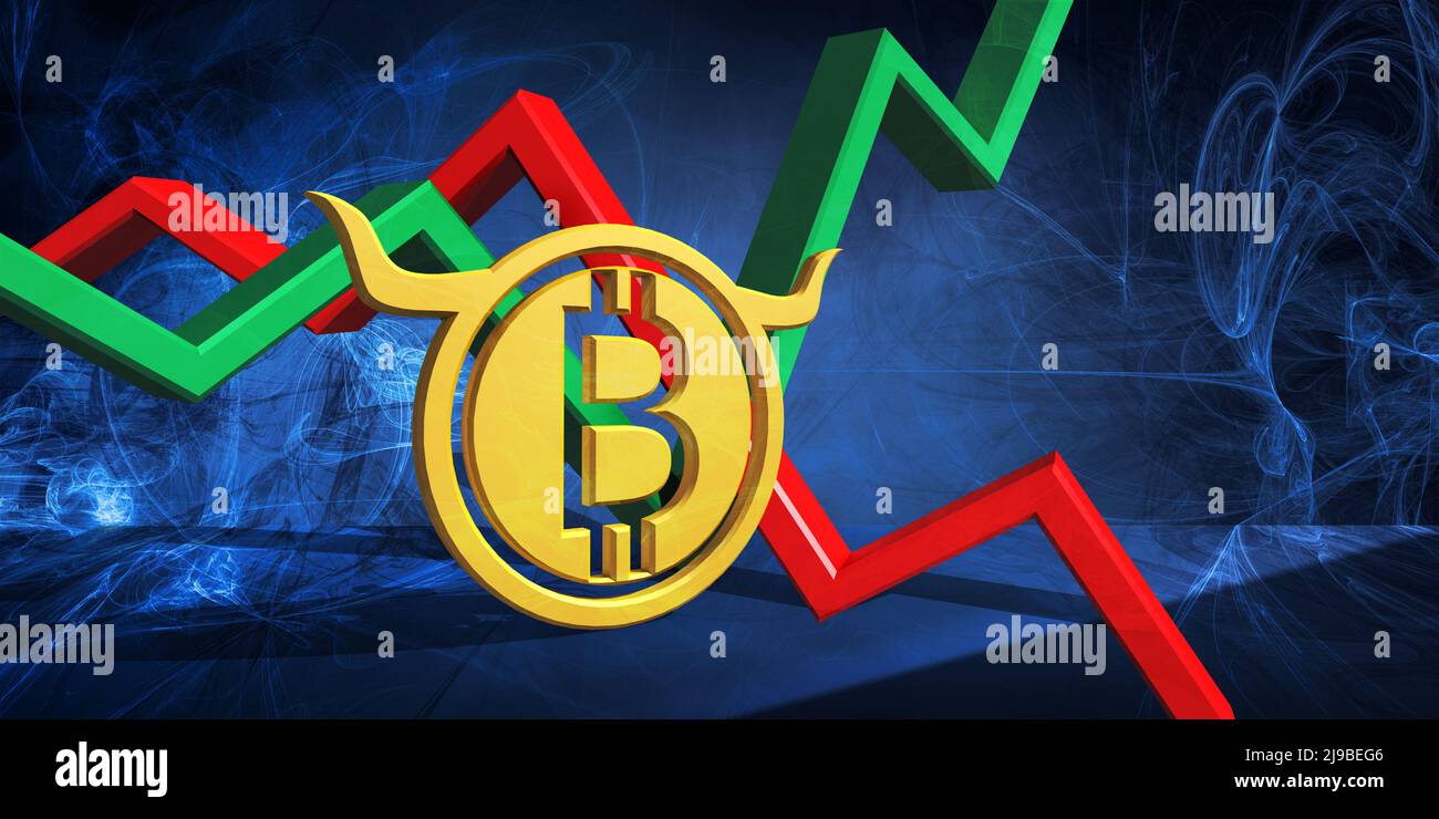 3d illustration of btc currency icon. digital bitcoin trading stock chart on abstract blue background. bearish market trend Stock Photo