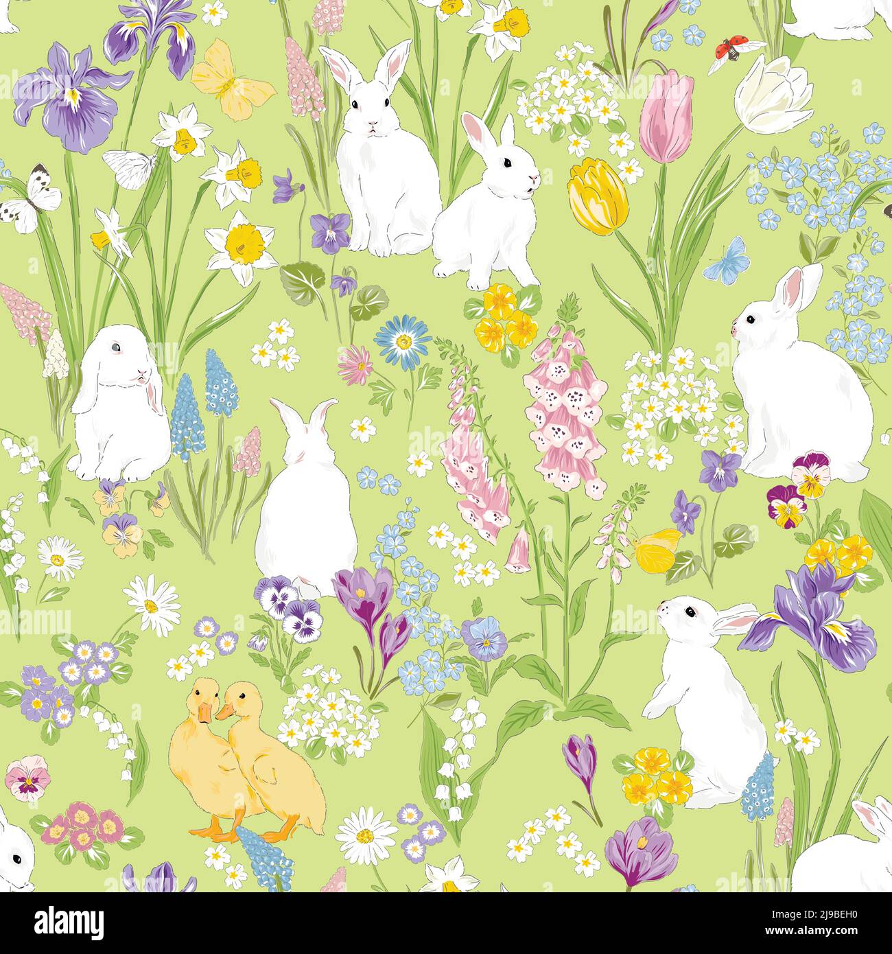 Cute bunny and Duckling in Spring Bloomy flourish garden vector seamless pattern. Vintage romantic nature hand drawn print. C Stock Vector