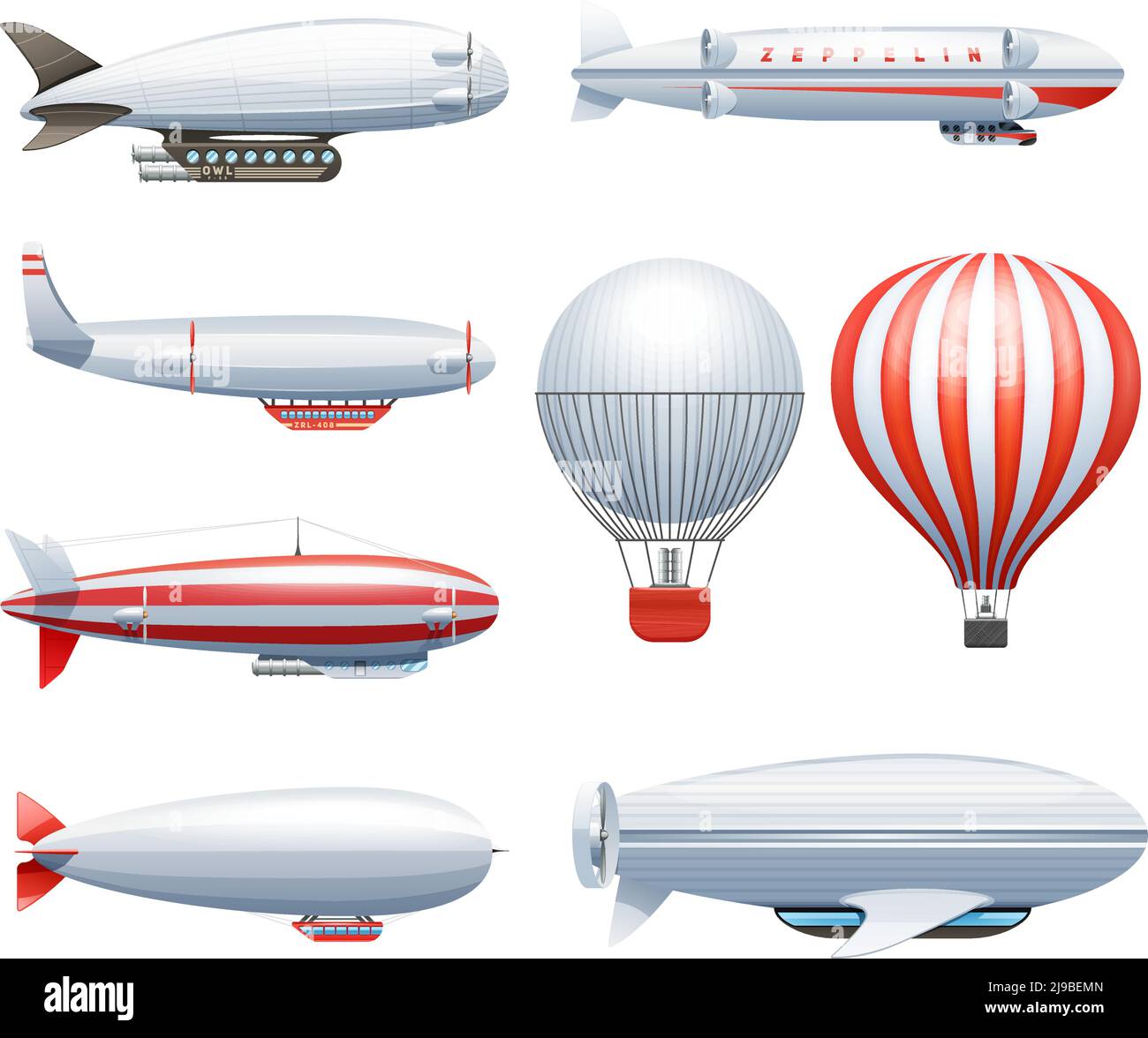 Dirigible and hot air balloons airships in flight icons collection ...