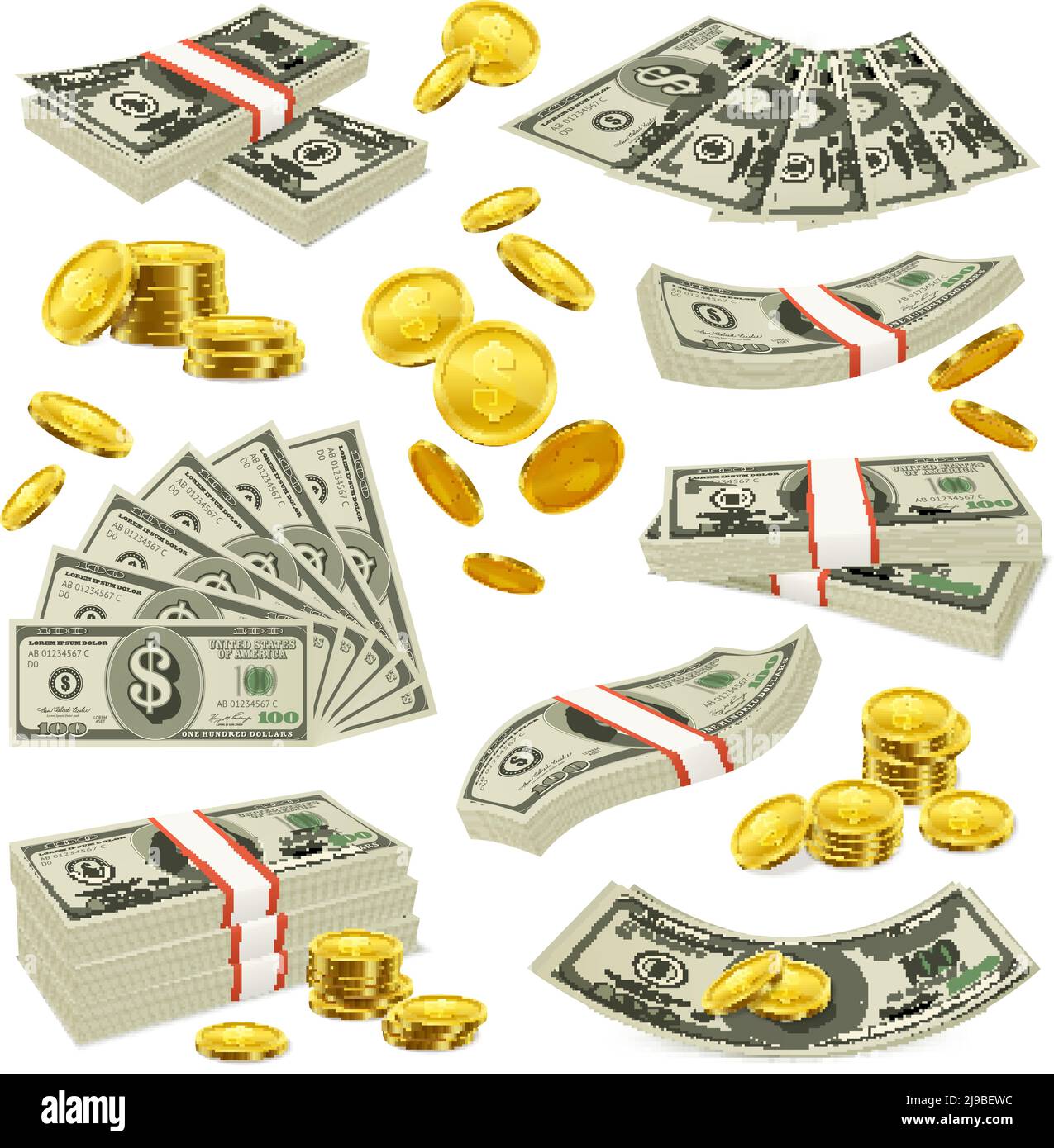 Copper cents gold coins and american currency banknotes with dollar ...