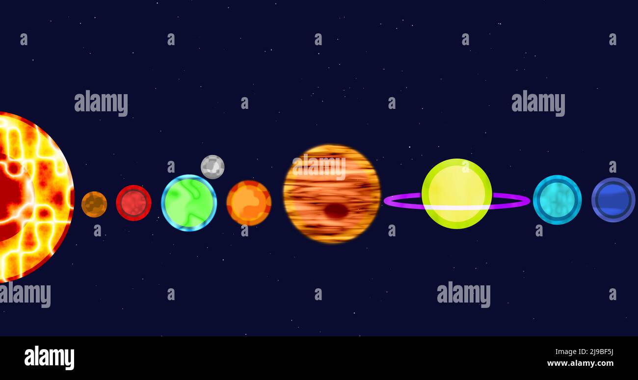 Solar system with sun and planets in a row Stock Photo